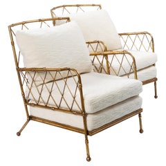 Pair of French Mid-Centruy Gilt Iron Faux Bamboo Armchairs Offwhite Linen, 1980s