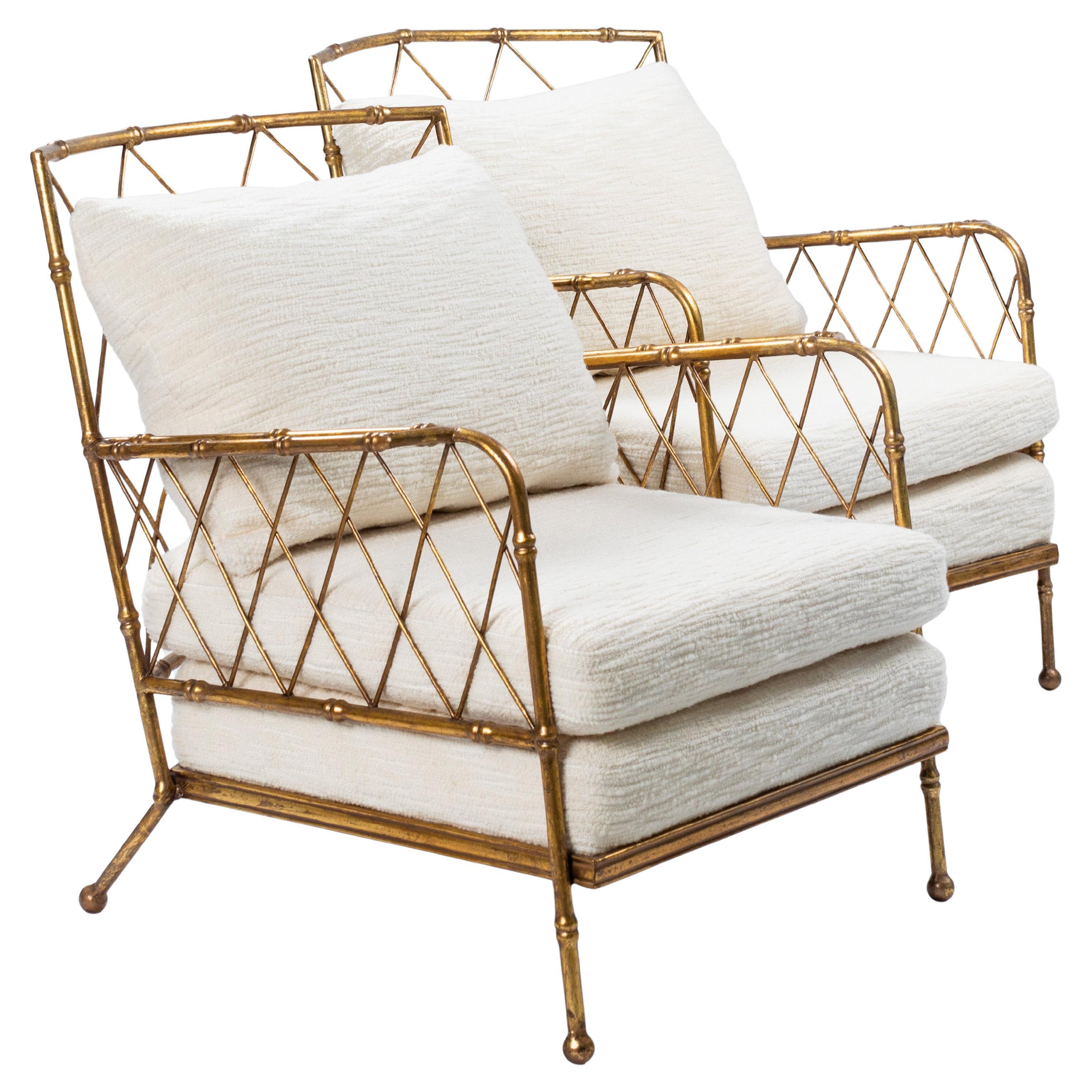 Pair of French Mid-Centruy Gilt Iron Faux Bamboo Armchairs Offwhite Linen, 1980s
