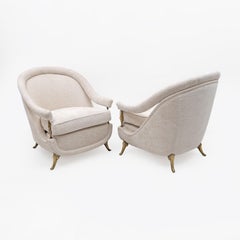 Pair of French Mid-Century Armchairs in Art Deco Style with Brass Details, 1950s