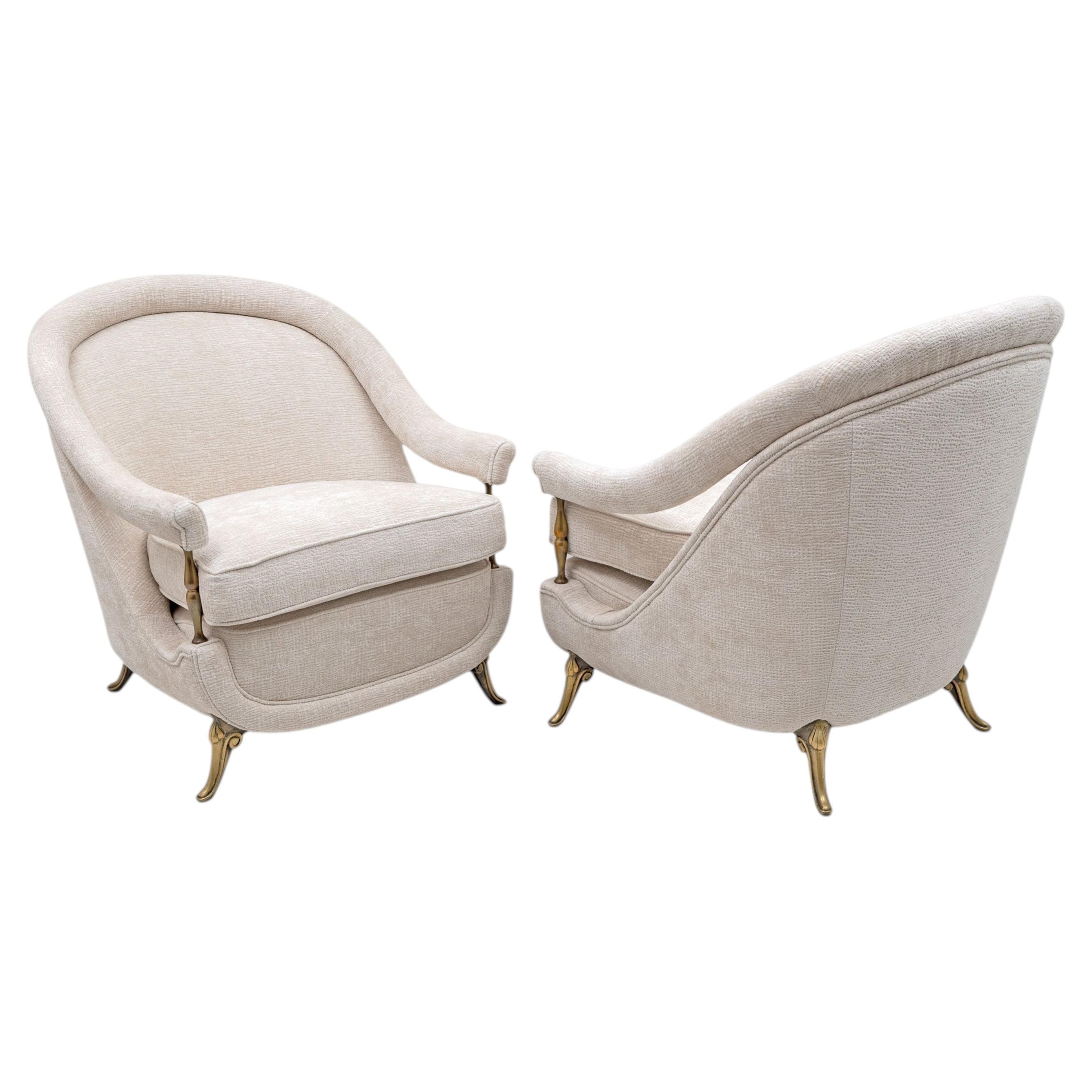 Pair of French Mid-Century Armchairs in Art Deco Style with Brass Details, 1950s