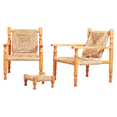 Pair of French Mid Century Audoux Minet Rope Chairs and Footstool