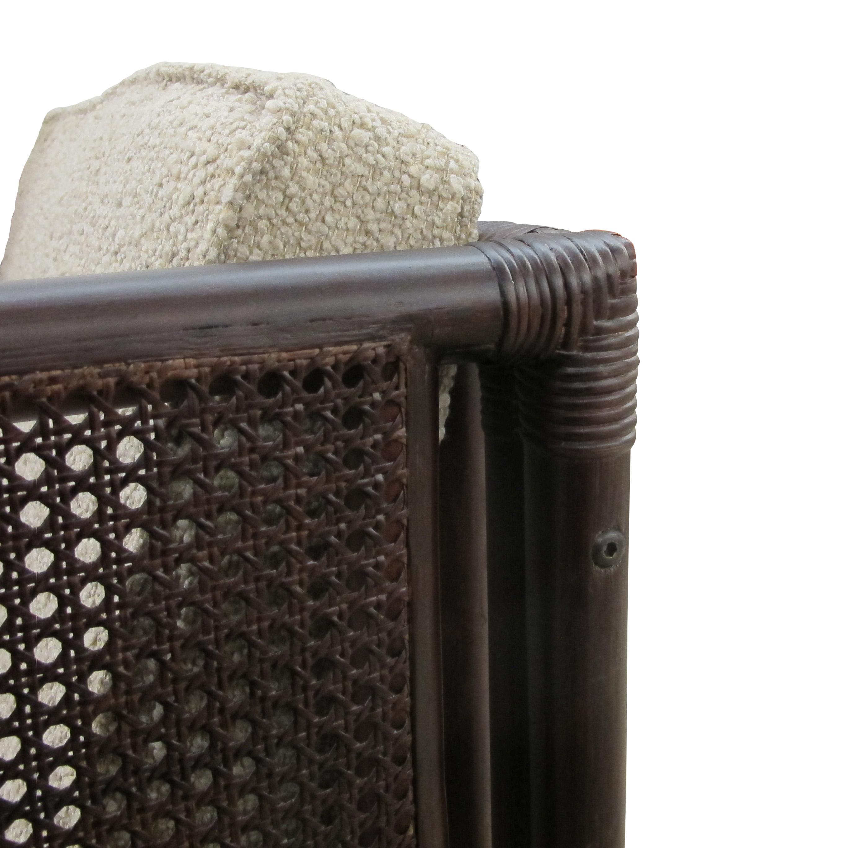 Pair of French Mid-Century Bamboo and Rattan Armchairs with Boucle Upholstery For Sale 10