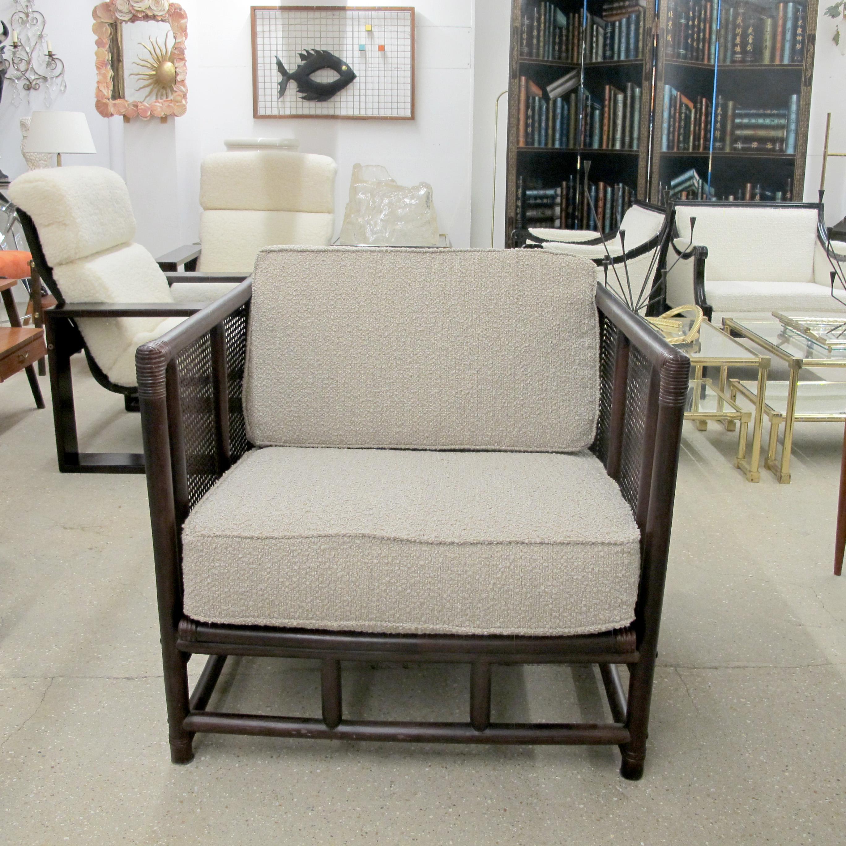 Pair of French Mid-Century Bamboo and Rattan Armchairs with Boucle Upholstery For Sale 11