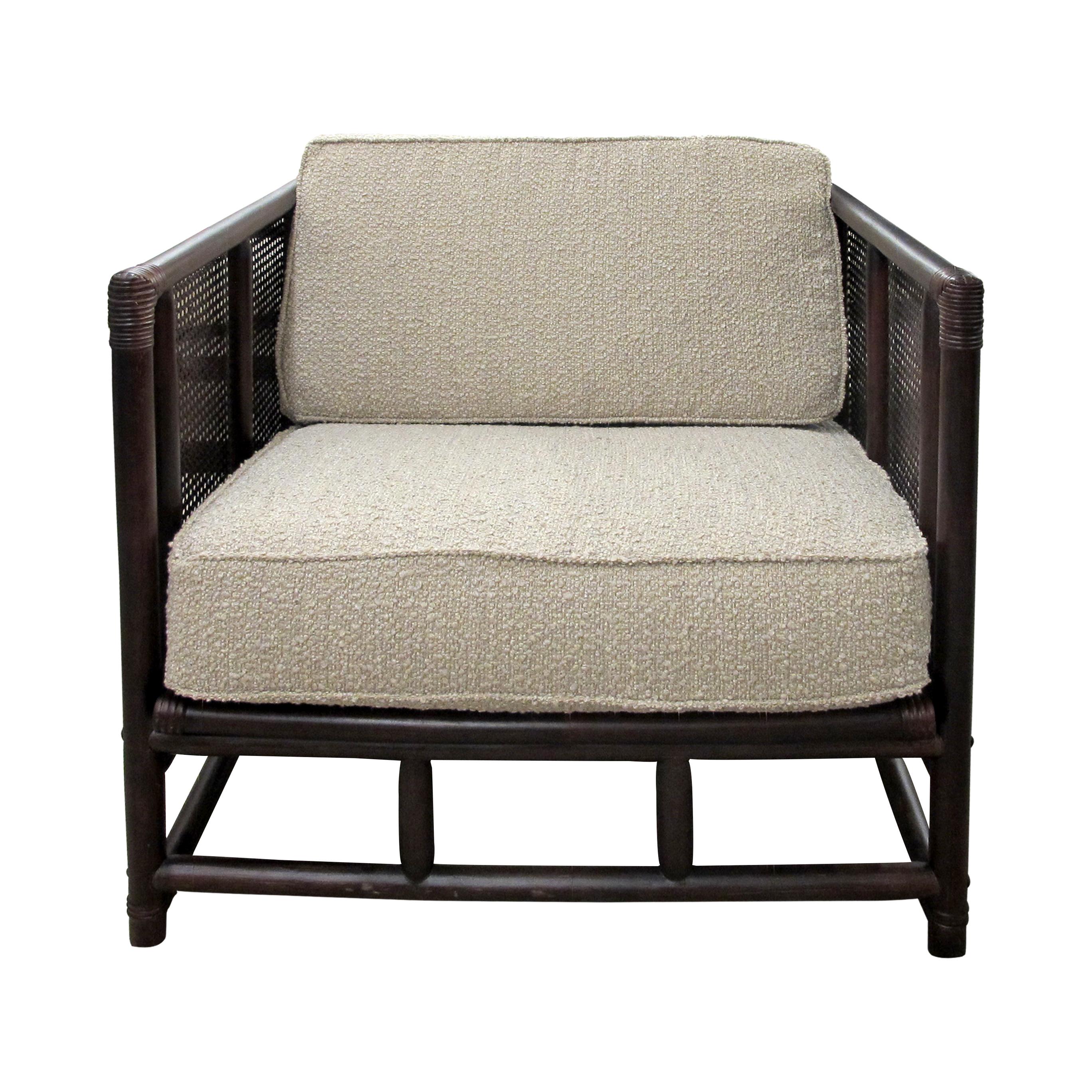 Other Pair of French Mid-Century Bamboo and Rattan Armchairs with Boucle Upholstery For Sale