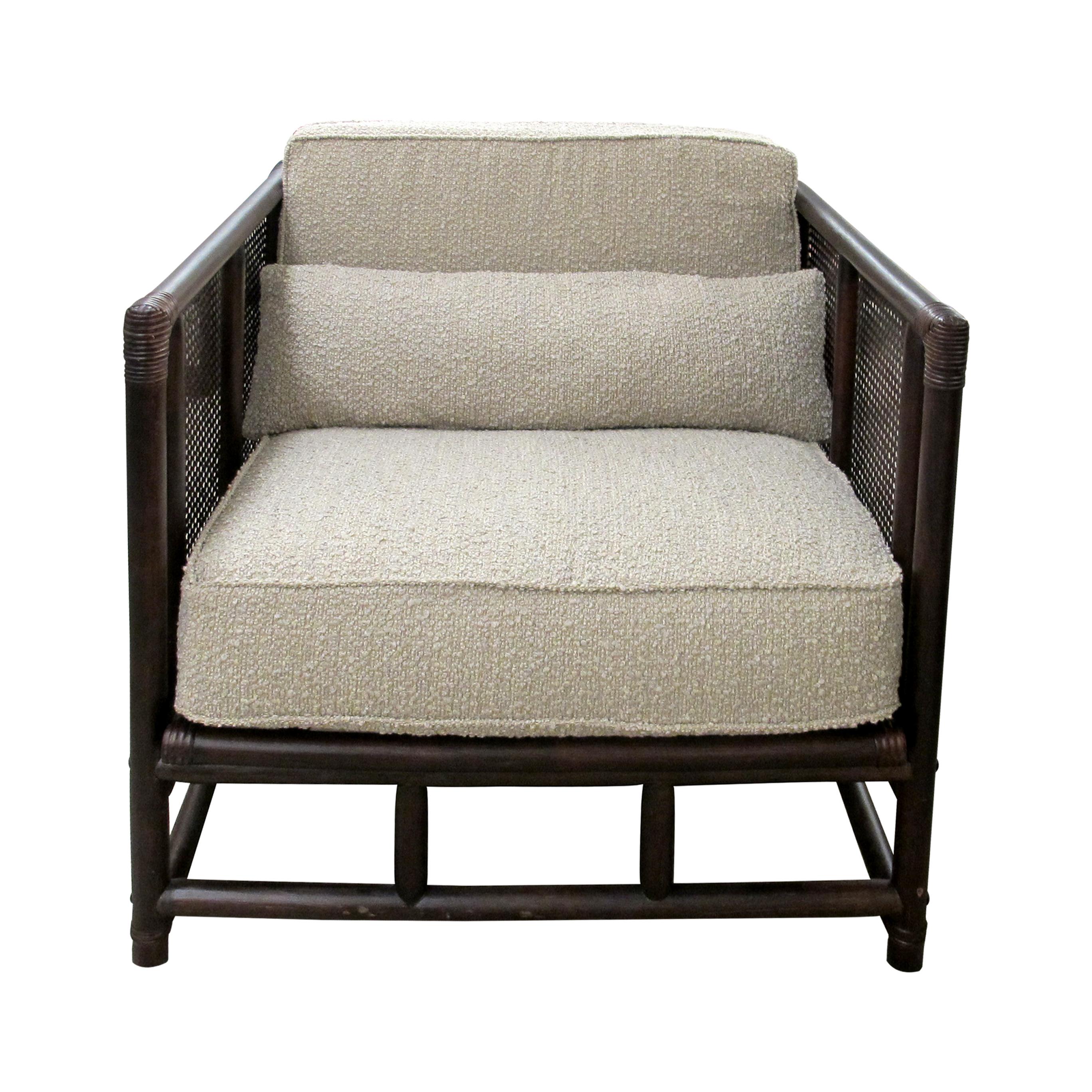 French Provincial Pair of French Mid-Century Bamboo and Rattan Armchairs with Boucle Upholstery For Sale