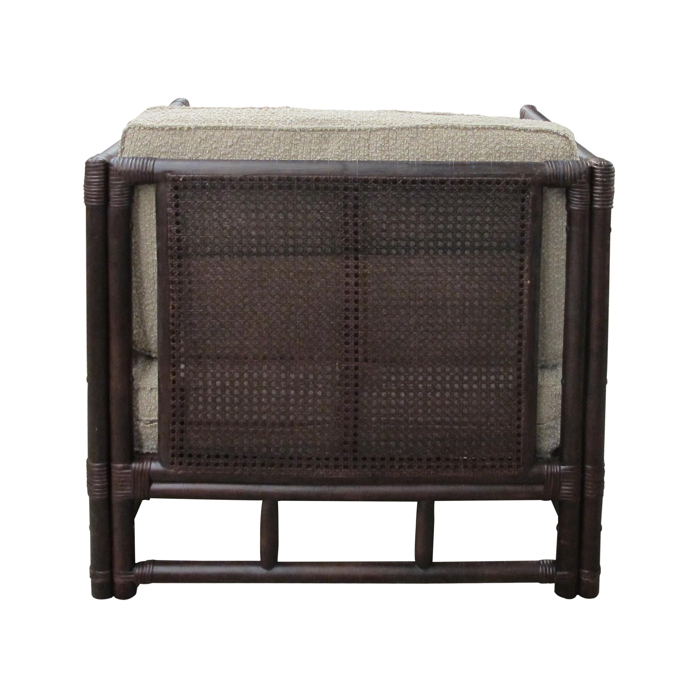 Pair of French Mid-Century Bamboo and Rattan Armchairs with Boucle Upholstery For Sale 2