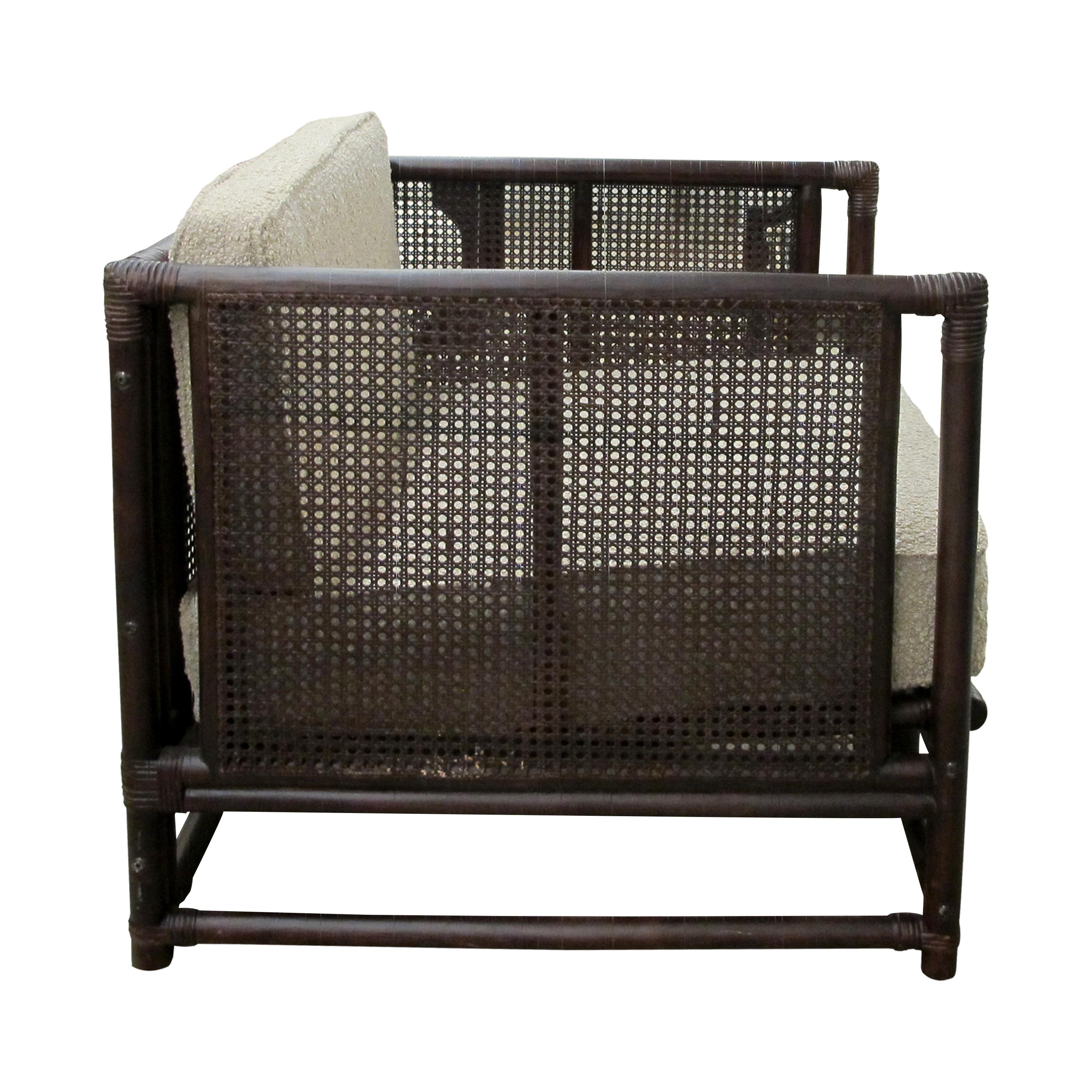Pair of French Mid-Century Bamboo and Rattan Armchairs with Boucle Upholstery For Sale 3