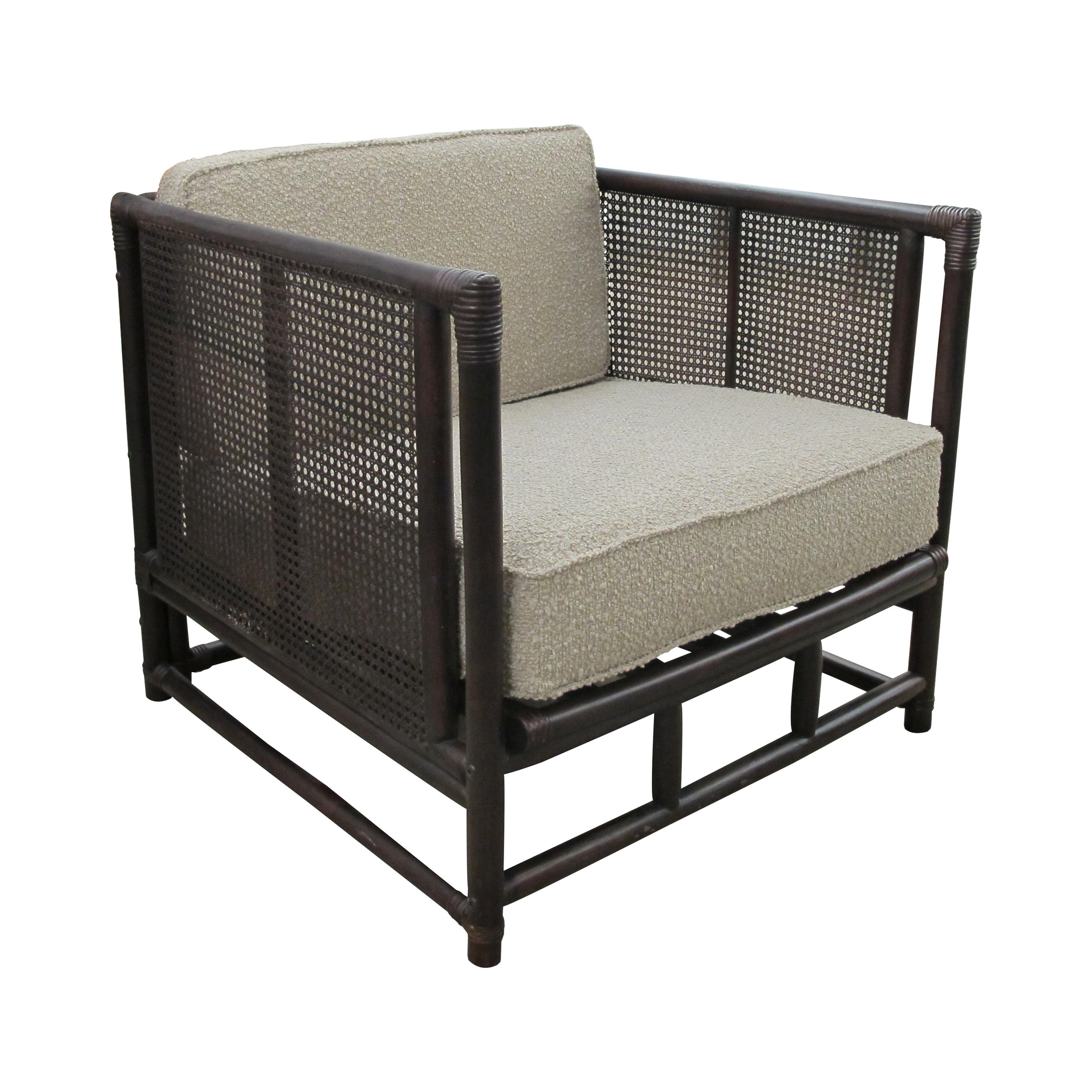 Pair of French Mid-Century Bamboo and Rattan Armchairs with Boucle Upholstery For Sale 6