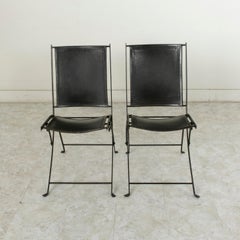 Pair of French Midcentury Black Iron Folding Chairs with Leather Sling Seats