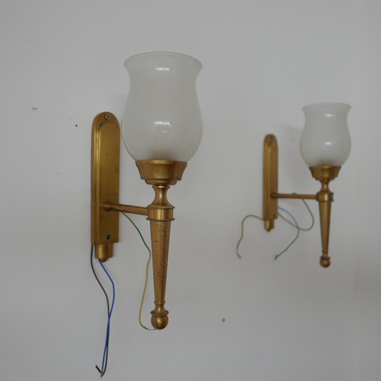 Pair of French Midcentury Brass and Glass Wall Lights For Sale 6