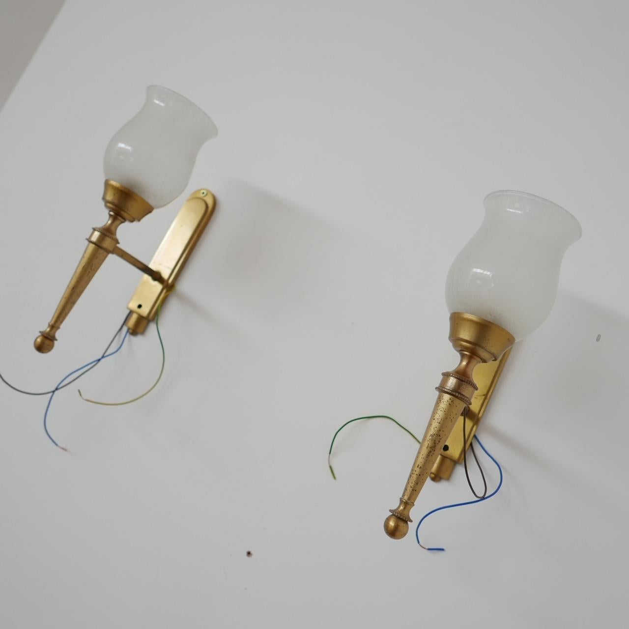 Pair of French Midcentury Brass and Glass Wall Lights For Sale 7