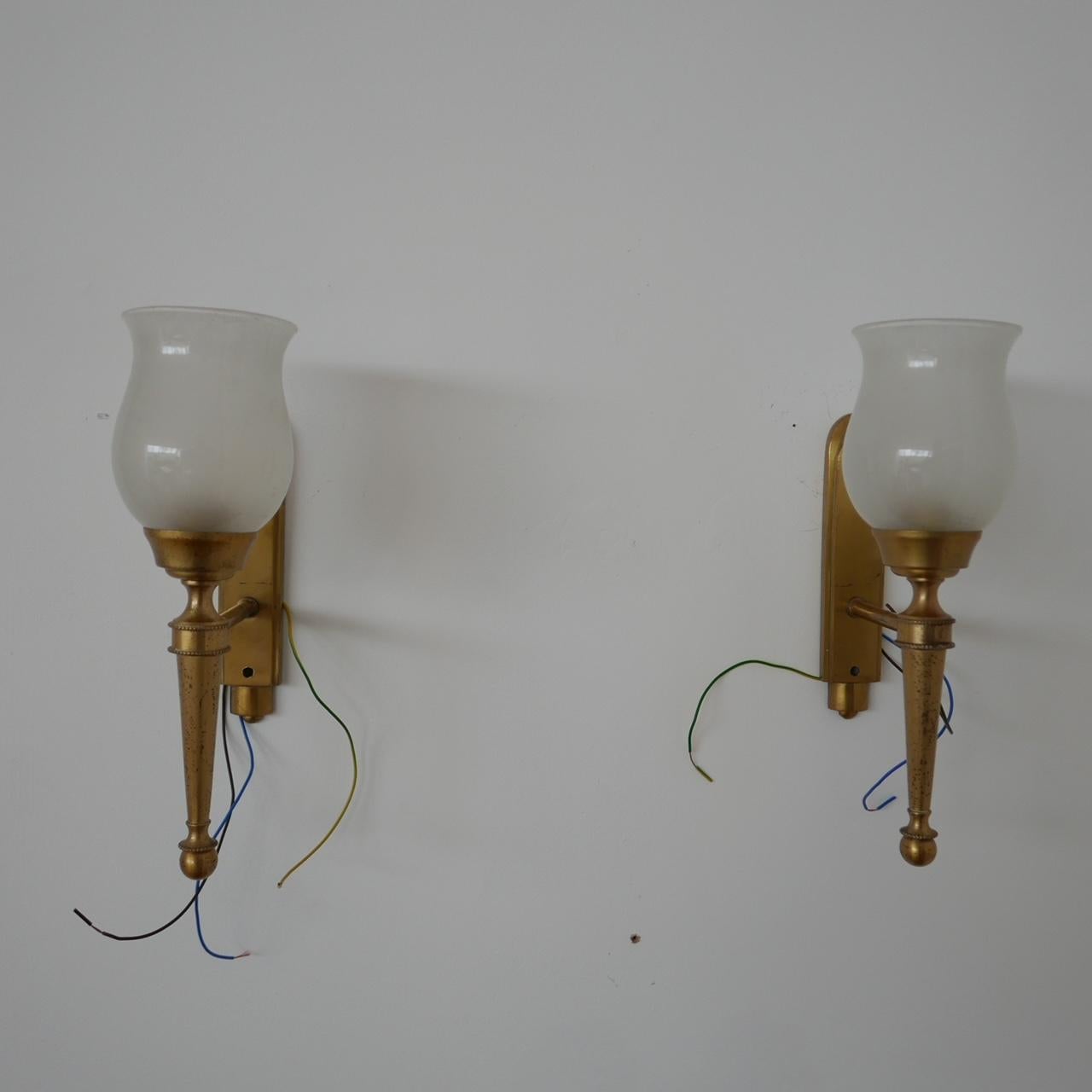 Pair of French Midcentury Brass and Glass Wall Lights For Sale 5