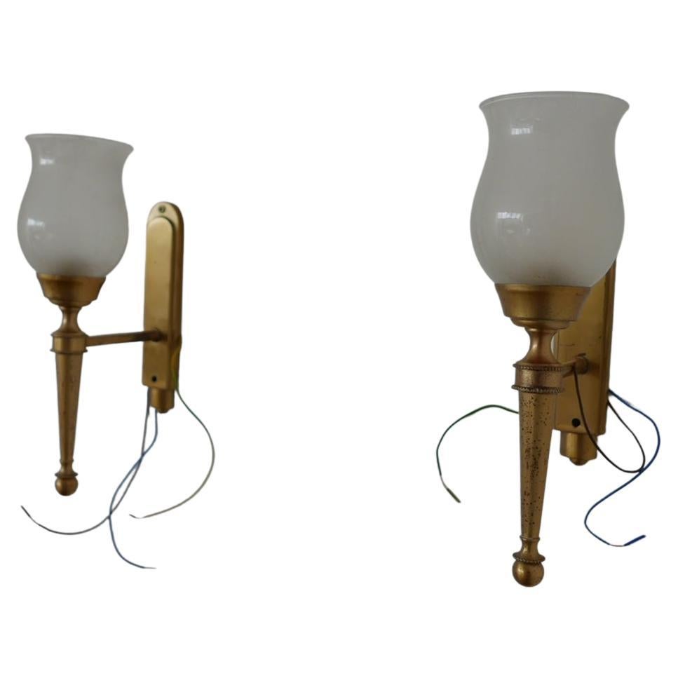Pair of French Midcentury Brass and Glass Wall Lights For Sale