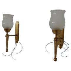 Vintage Pair of French Midcentury Brass and Glass Wall Lights