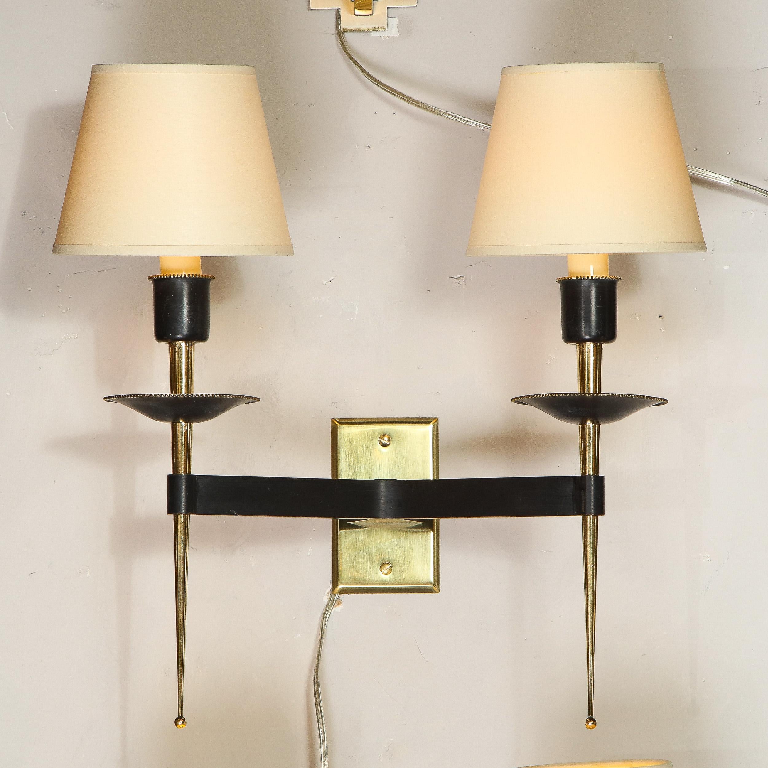 Mid-Century Modern Pair of French Midcentury Brass and Black Enamel Sconces with Linen Shades