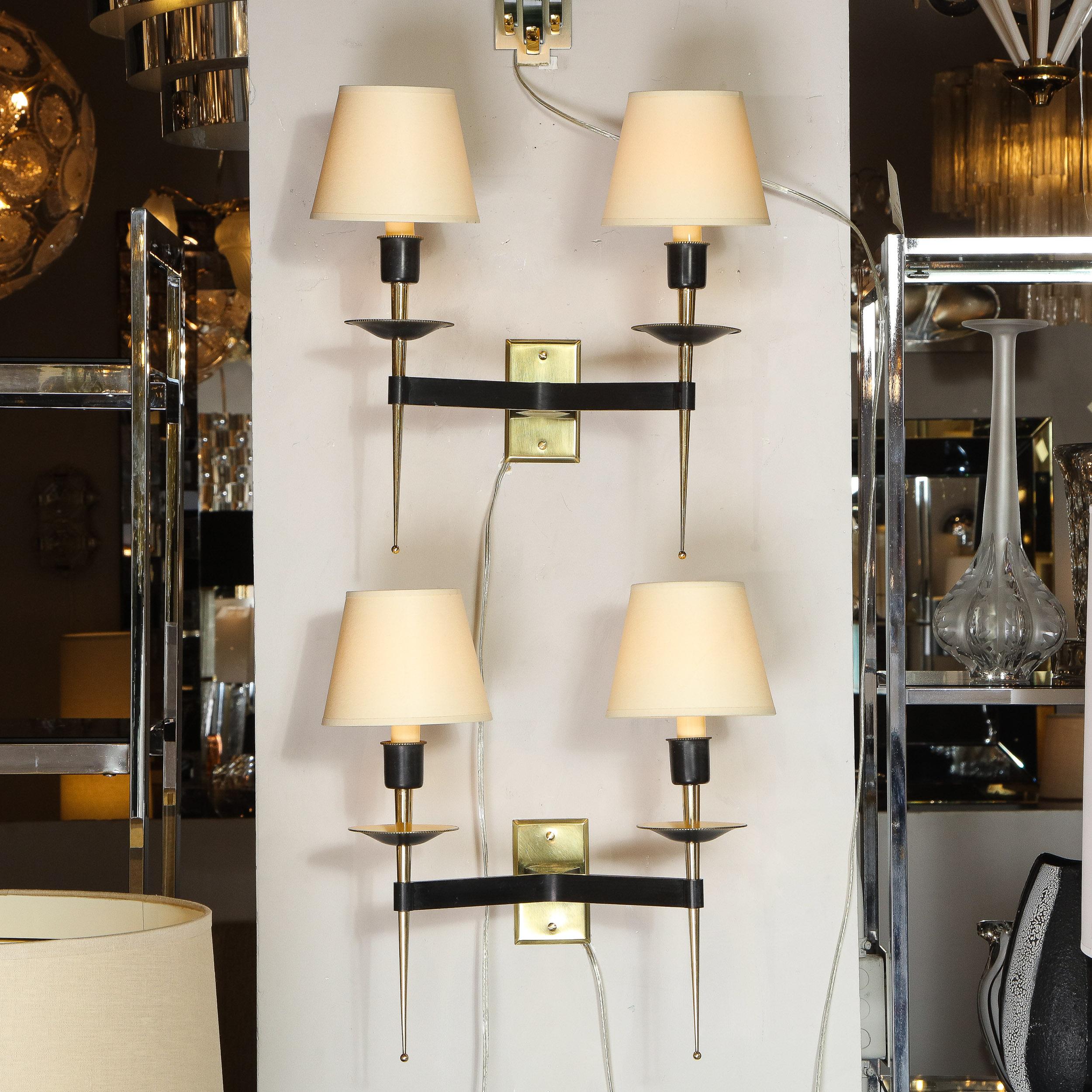 Pair of French Midcentury Brass and Black Enamel Sconces with Linen Shades In Excellent Condition In New York, NY