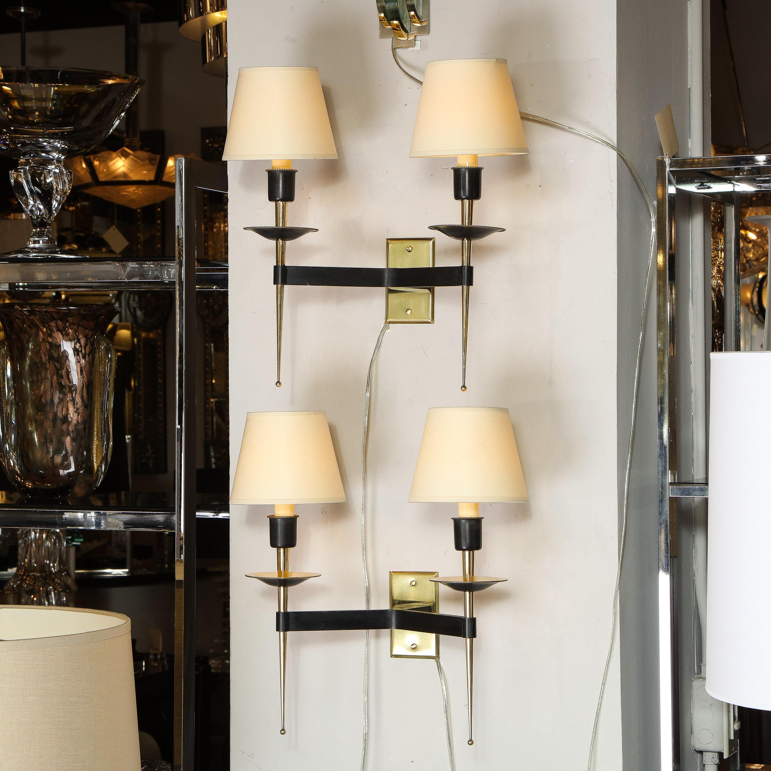 Mid-20th Century Pair of French Midcentury Brass and Black Enamel Sconces with Linen Shades