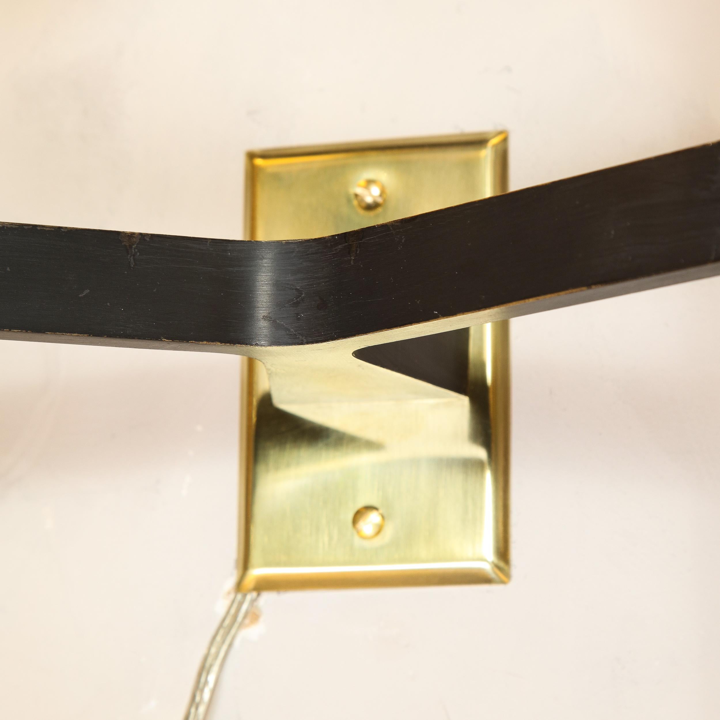 Pair of French Midcentury Brass and Black Enamel Sconces with Linen Shades 1