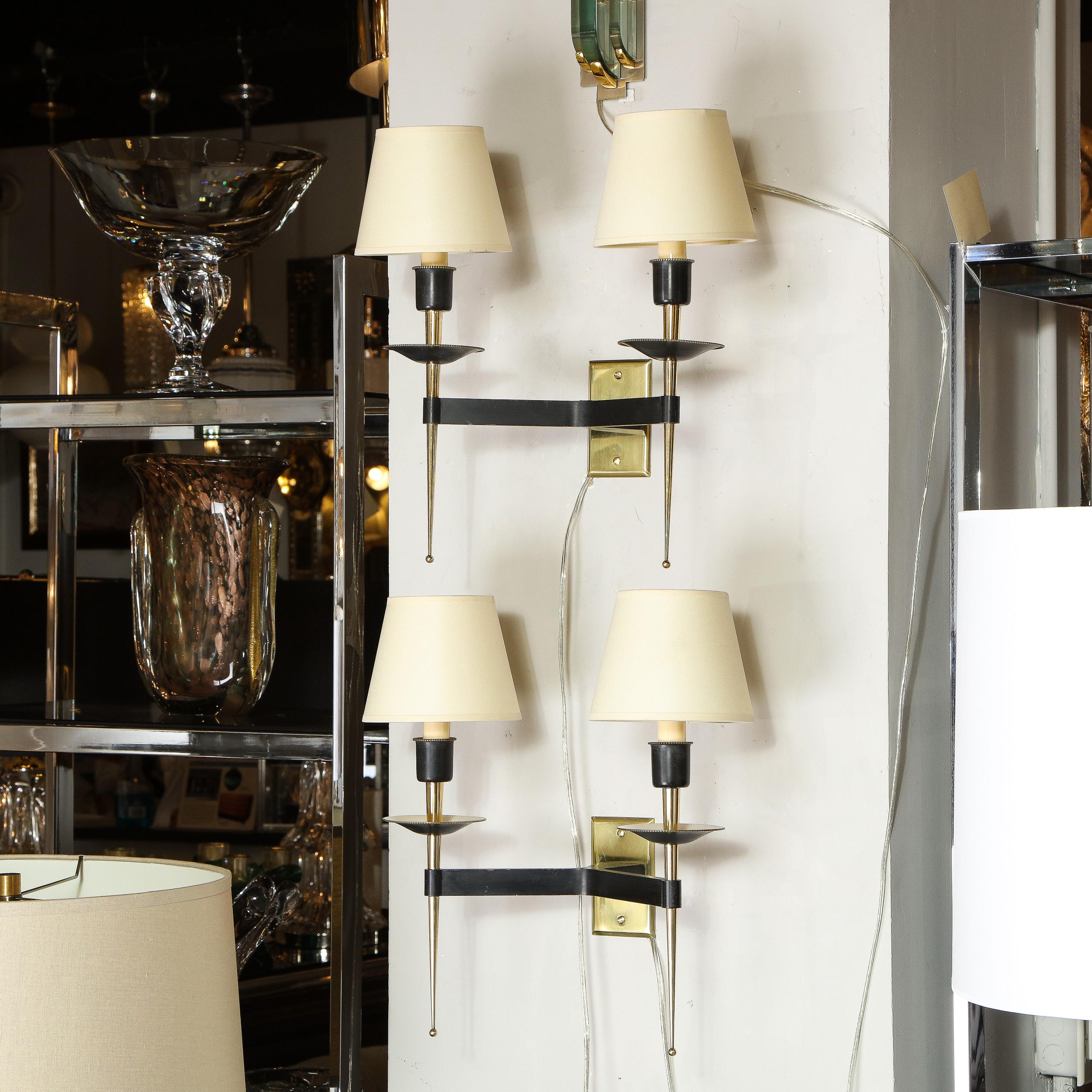 Pair of French Midcentury Brass and Black Enamel Sconces with Linen Shades 2