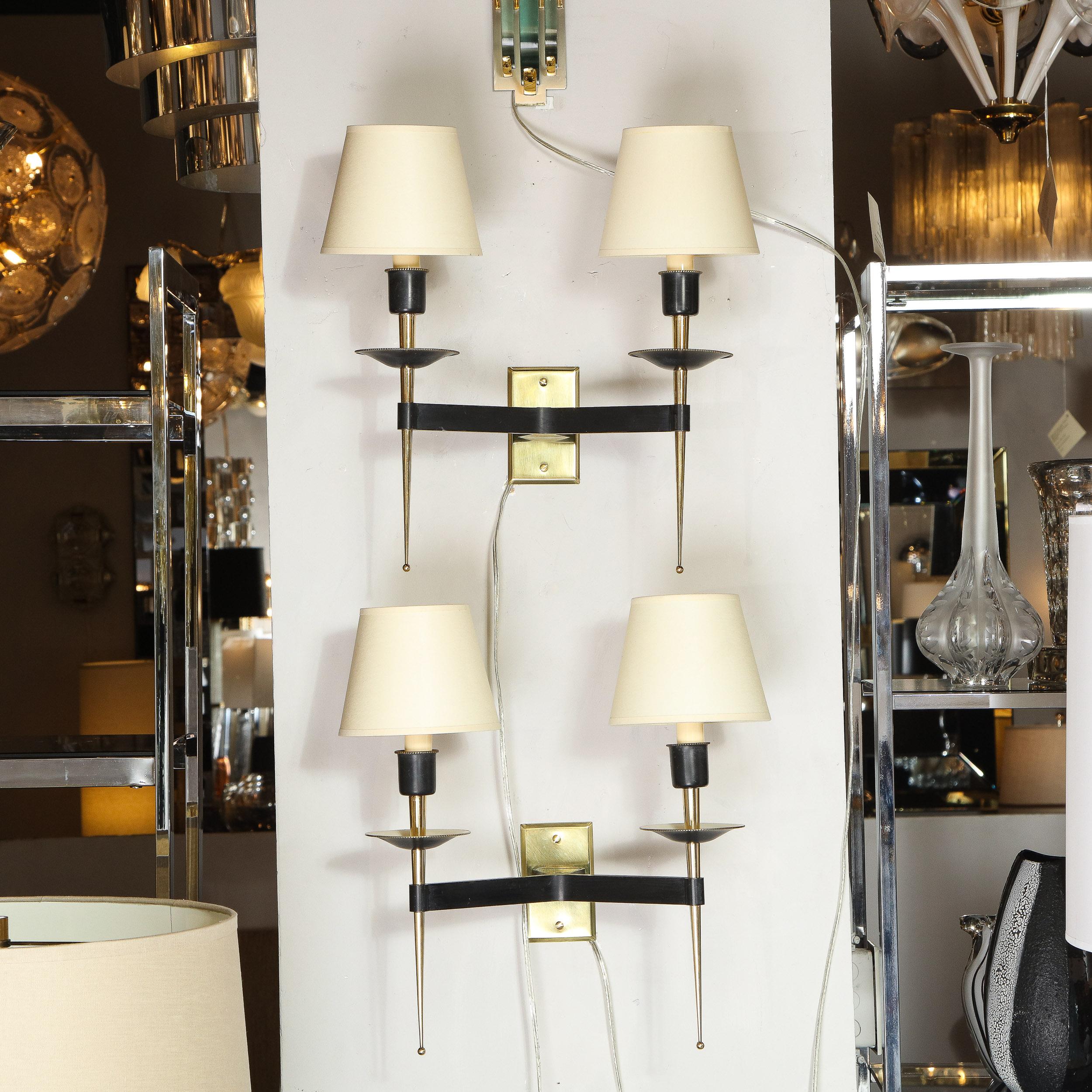 Pair of French Midcentury Brass and Black Enamel Sconces with Linen Shades 3