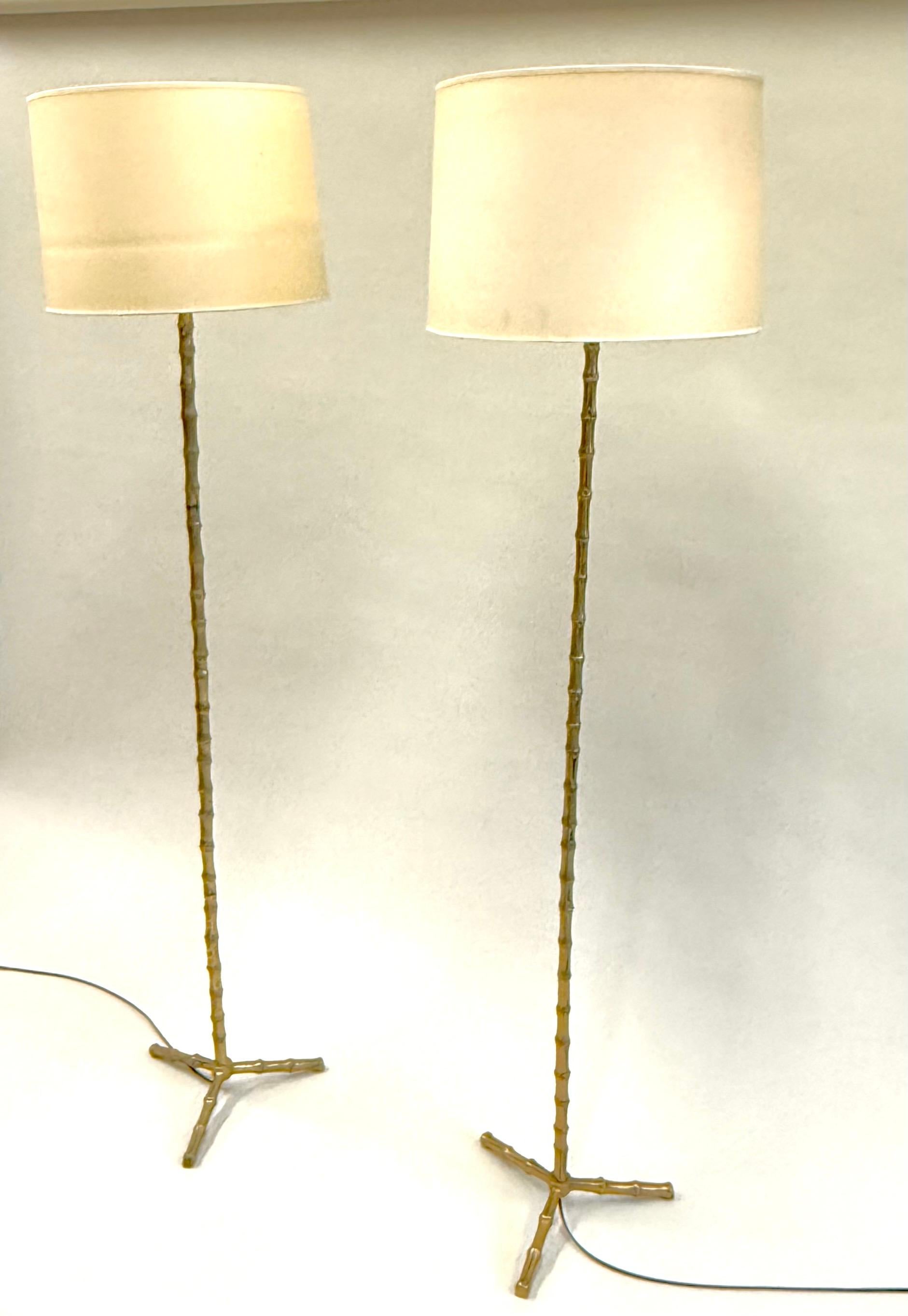Mid-Century Modern Pair of French Mid-Century Brass Faux Bamboo Floor Lamps by Maison Bagues For Sale