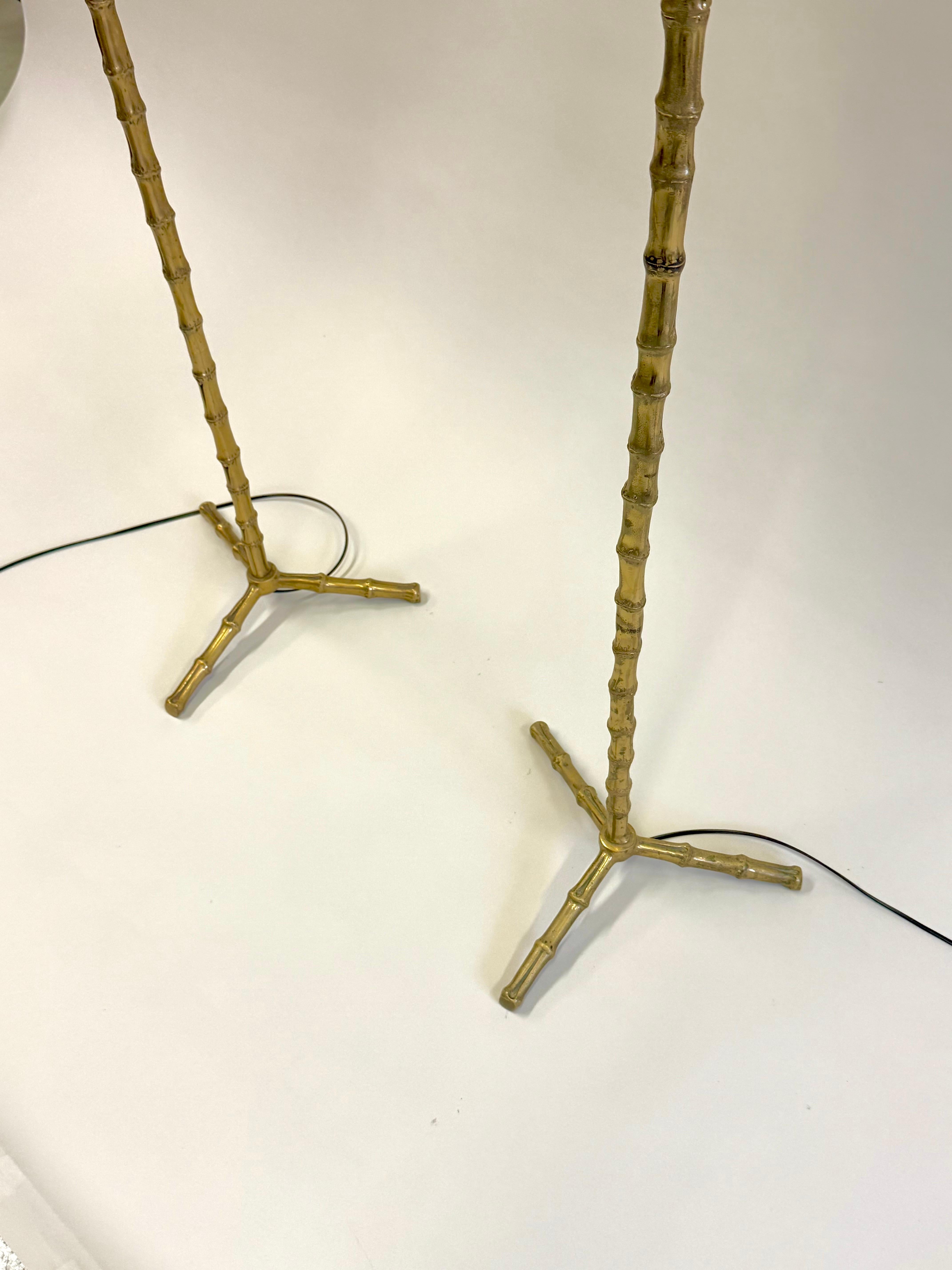 Pair of French Mid-Century Brass Faux Bamboo Floor Lamps by Maison Bagues For Sale 1