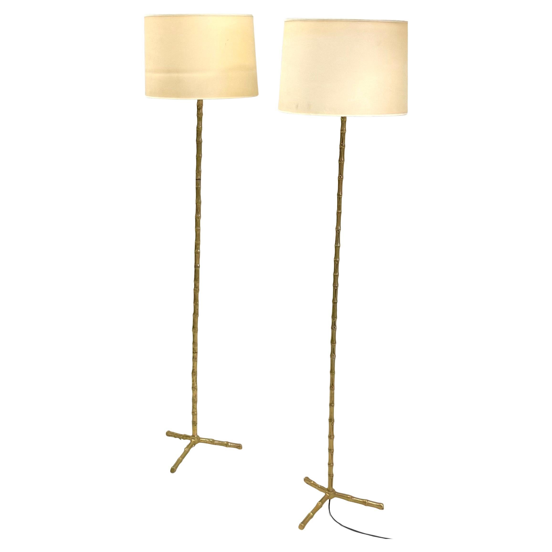 Pair of French Mid-Century Brass Faux Bamboo Floor Lamps by Maison Bagues