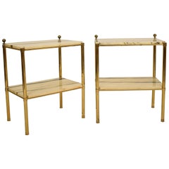 Pair of French Midcentury Brass Nightstands or Bedside Tables with Marble Tops