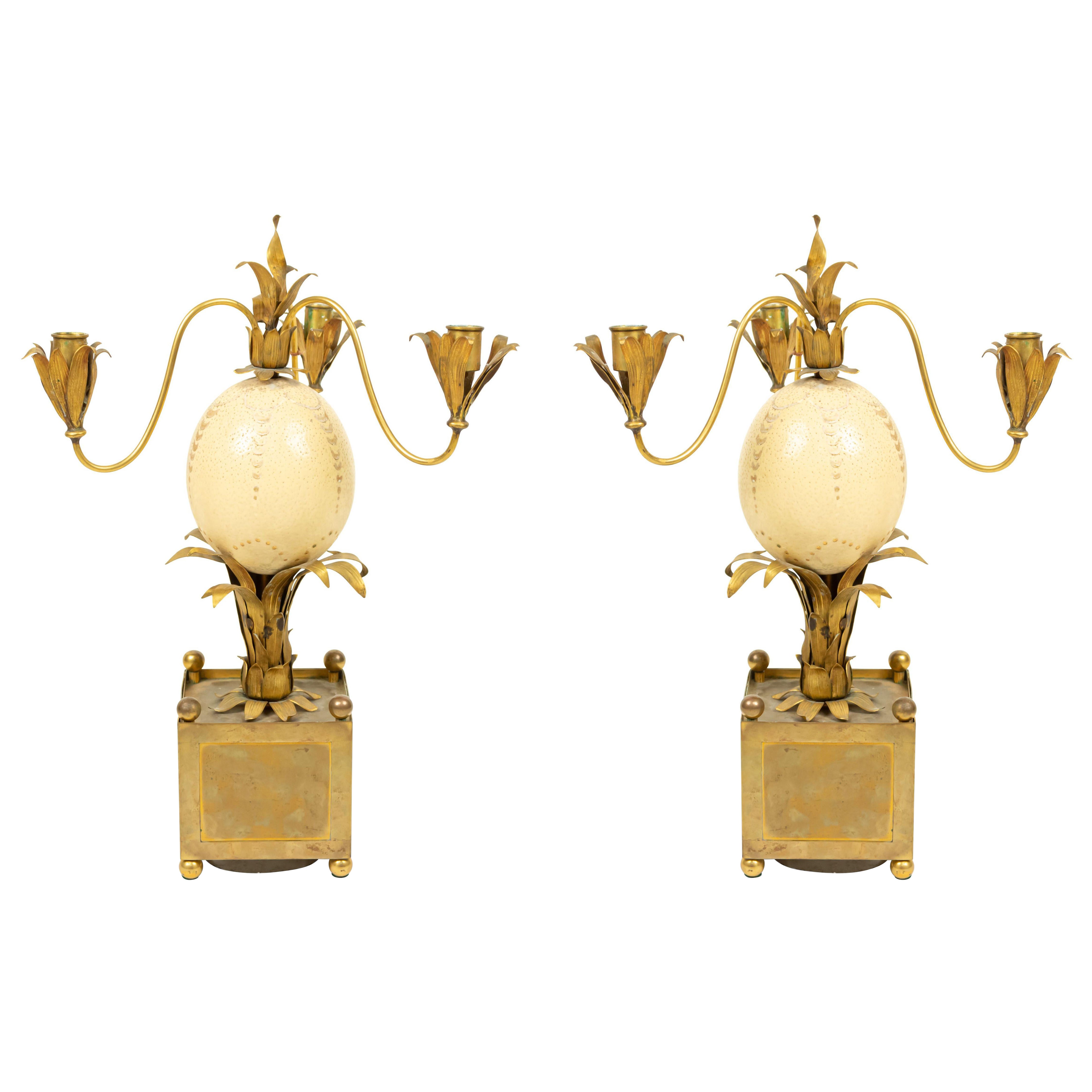 Pair of French Mid-Century Brass Palm and Ostrich Egg Candelabras