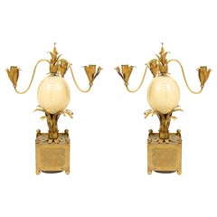 Pair of French Mid-Century Brass Palm and Ostrich Egg Candelabras