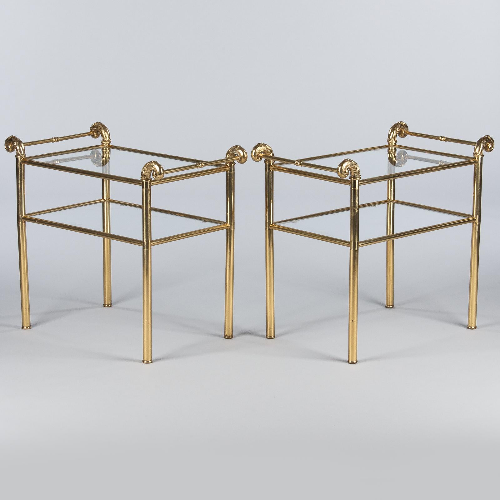 Pair of French Midcentury Brass Side Tables with Glass Tops In Good Condition In Austin, TX