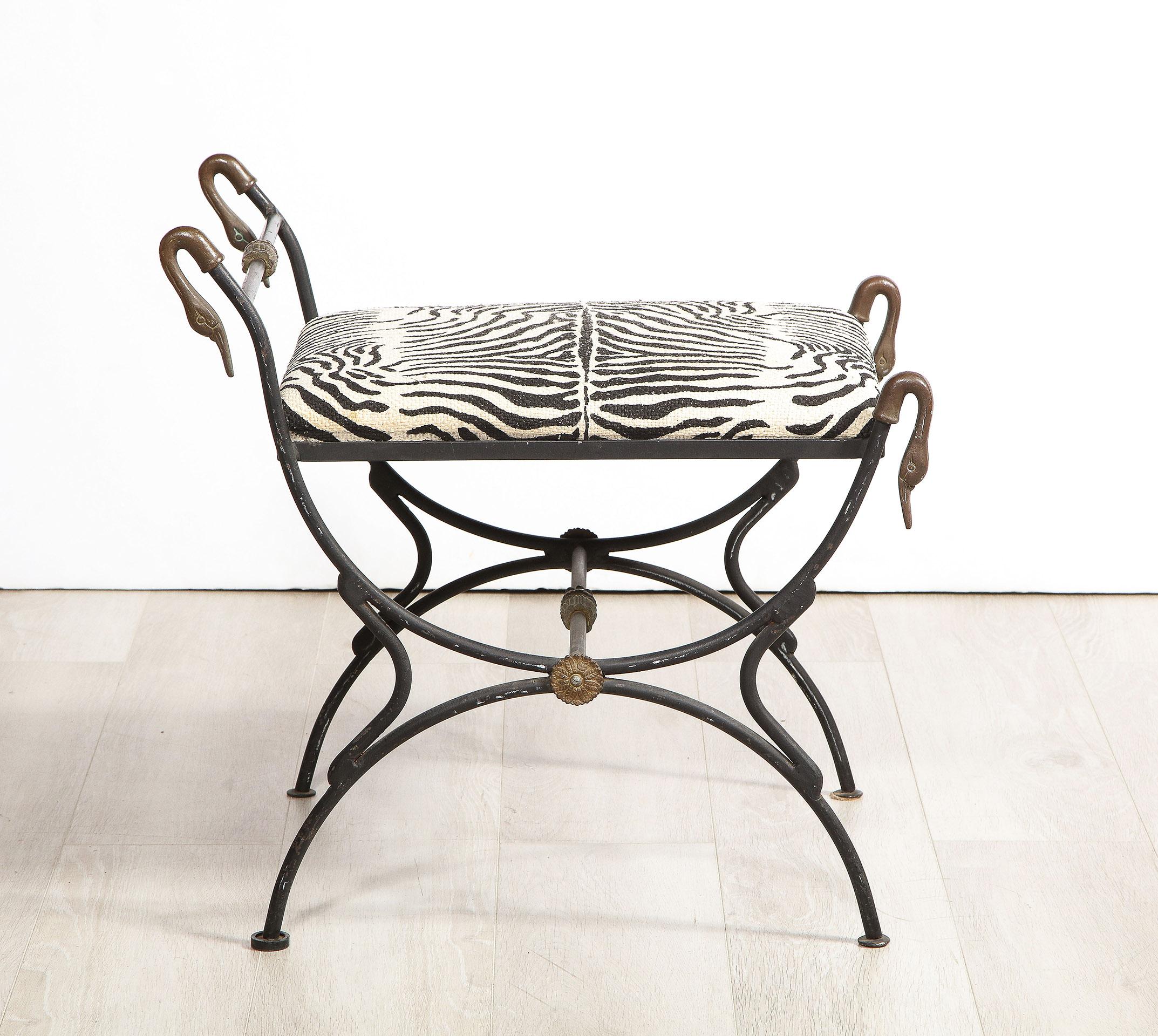 Pair of French Mid-Century Brass Swan and Iron Benches In Good Condition In New York, NY