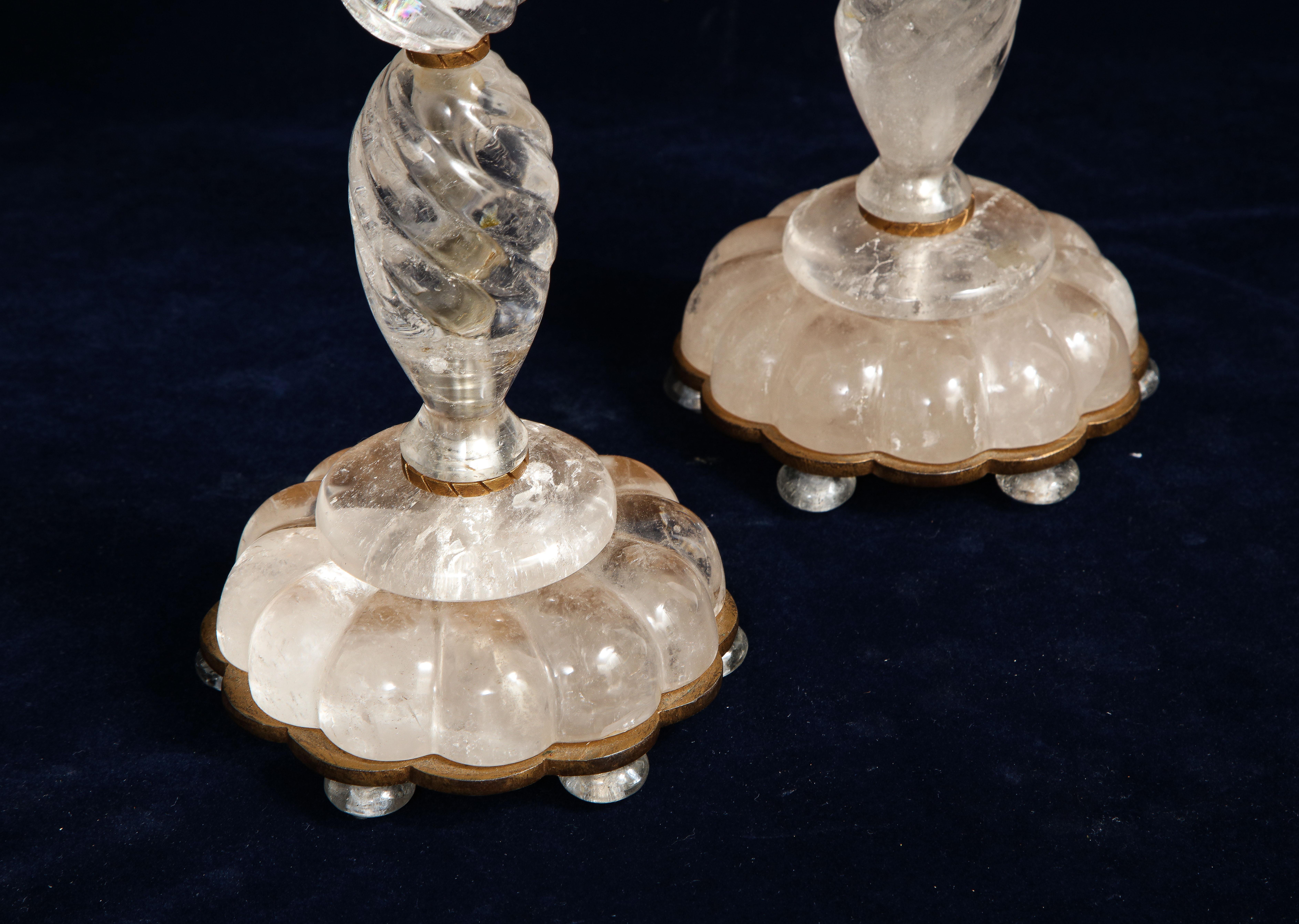 Pair of French Mid-Century Bronze Mounted Hand-Carved Rock Crystal Candlesticks For Sale 6
