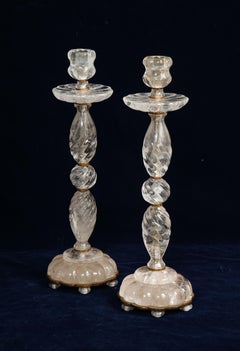 Pair of French Mid-Century Bronze Mounted Hand-Carved Rock Crystal Candlesticks
