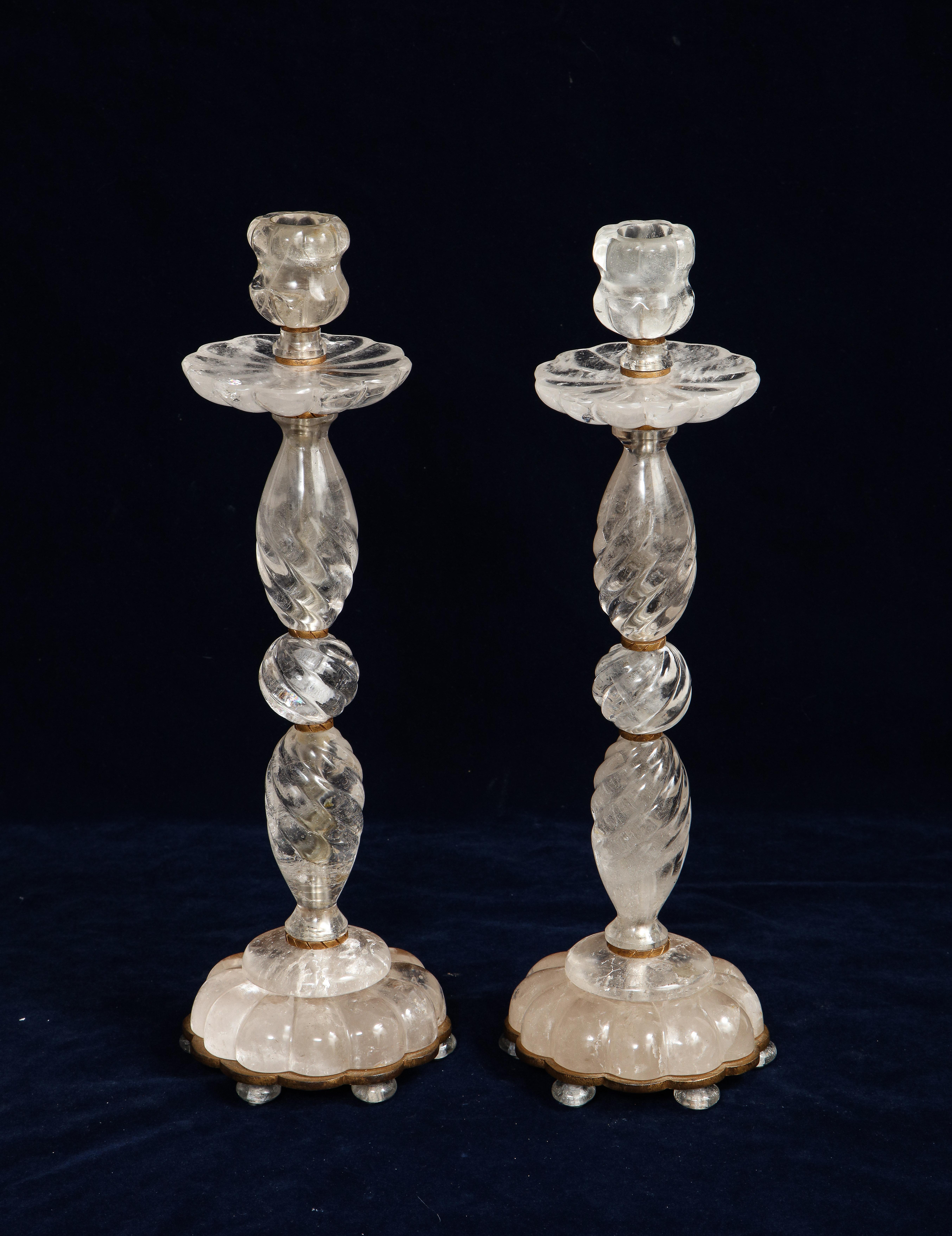 Mid-Century Modern Pair of French Mid-Century Bronze Mounted Hand-Carved Rock Crystal Candlesticks For Sale