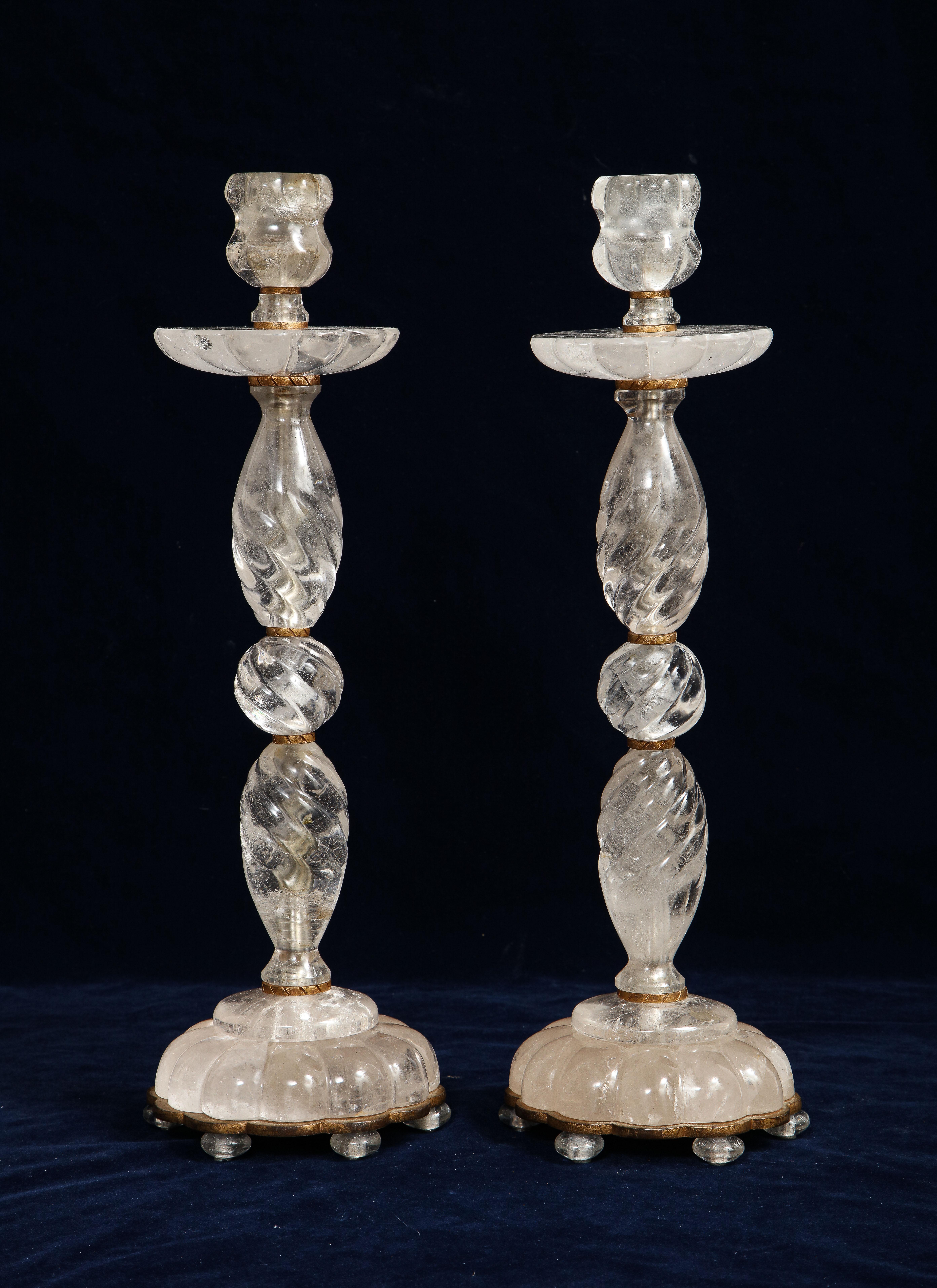 Pair of French Mid-Century Bronze Mounted Hand-Carved Rock Crystal Candlesticks In Good Condition For Sale In New York, NY