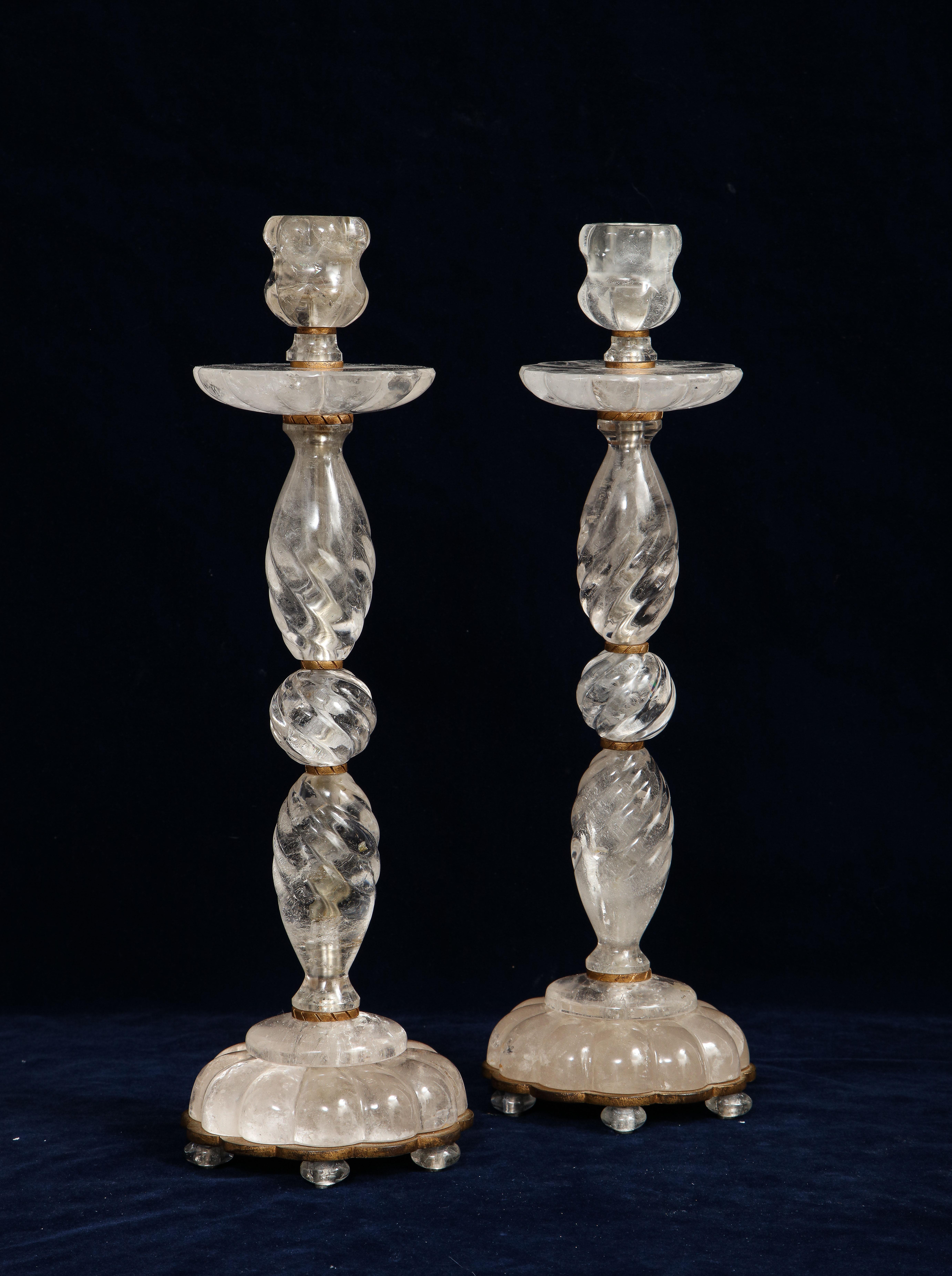 20th Century Pair of French Mid-Century Bronze Mounted Hand-Carved Rock Crystal Candlesticks For Sale