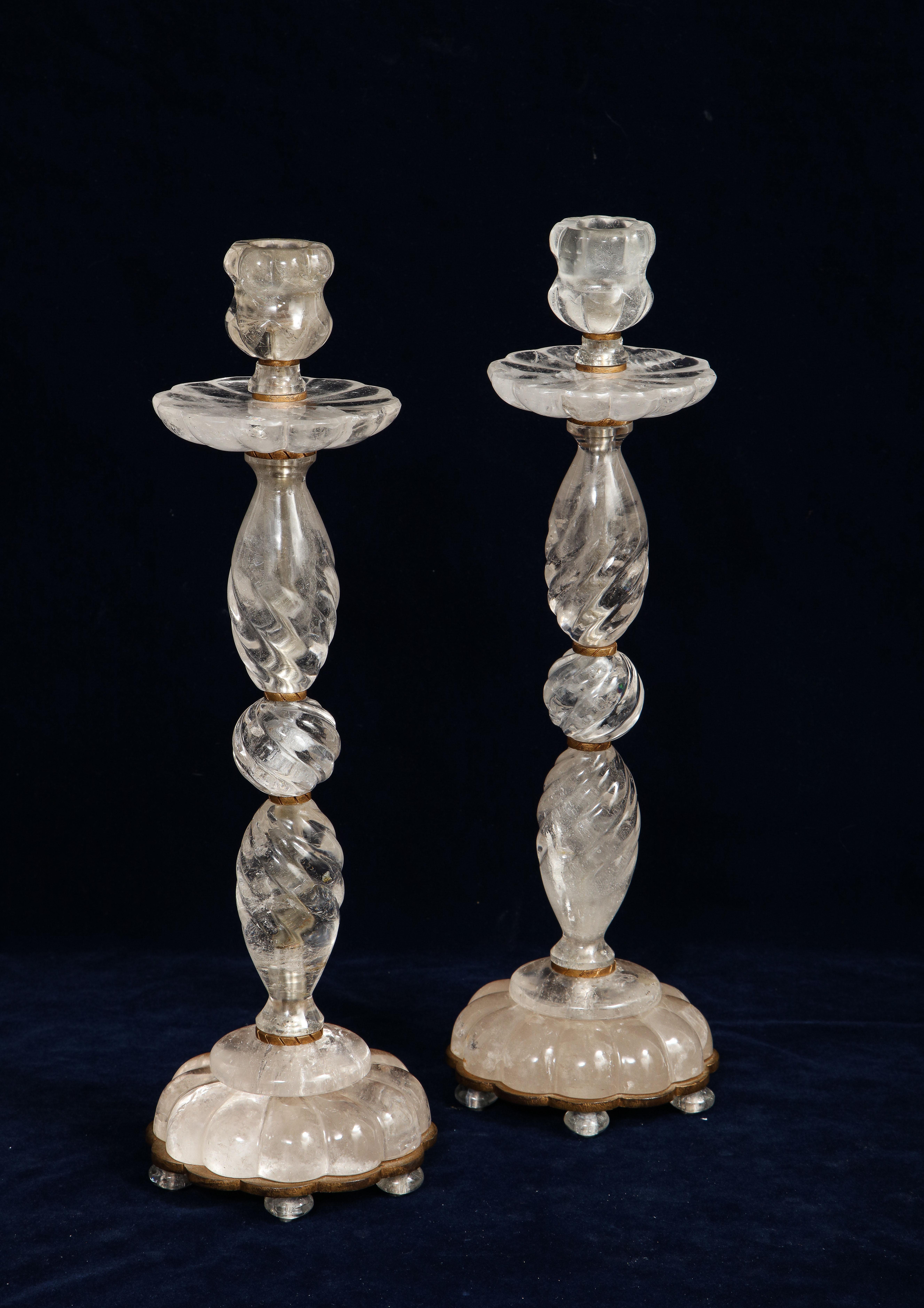 Pair of French Mid-Century Bronze Mounted Hand-Carved Rock Crystal Candlesticks For Sale 1