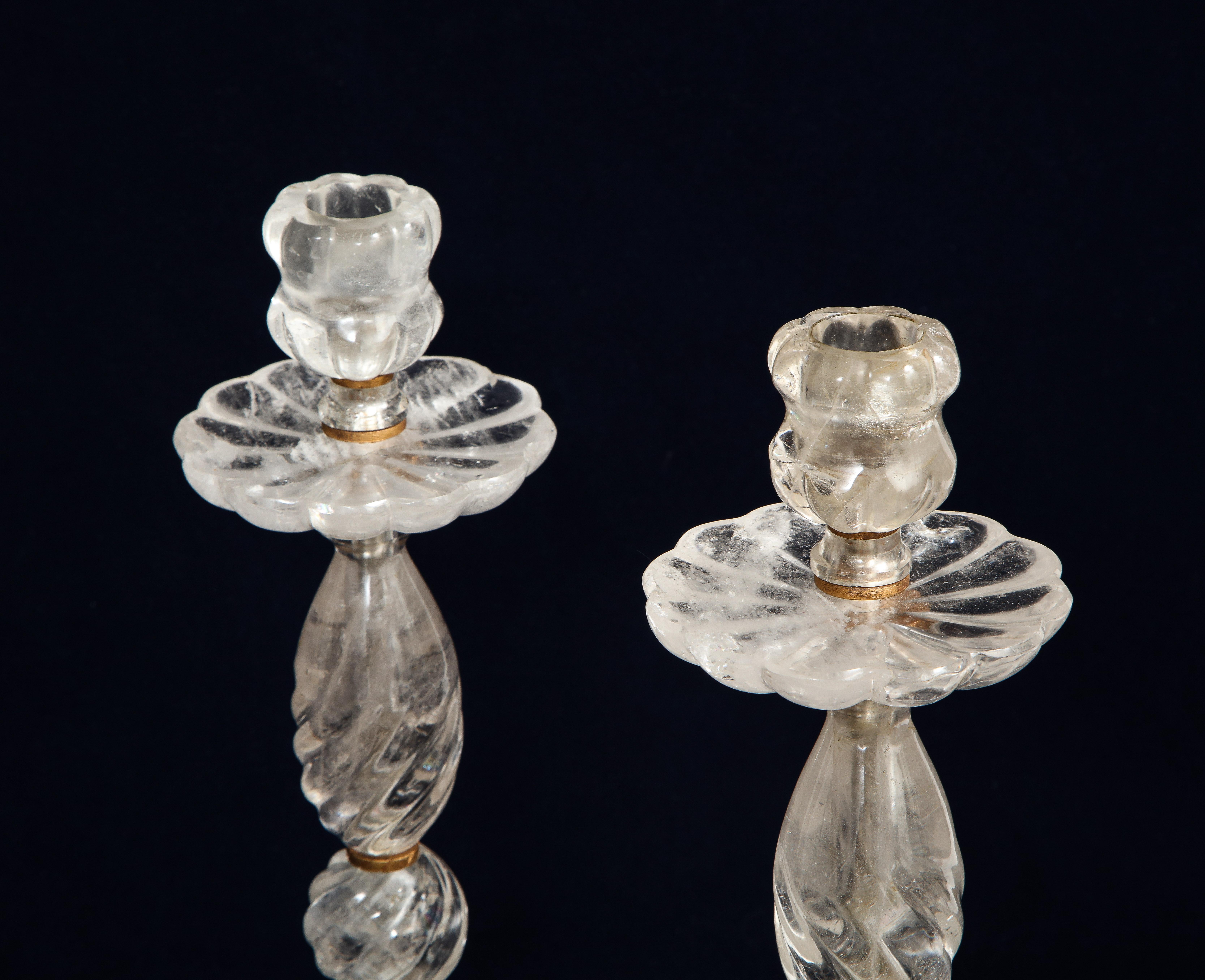 Pair of French Mid-Century Bronze Mounted Hand-Carved Rock Crystal Candlesticks For Sale 3