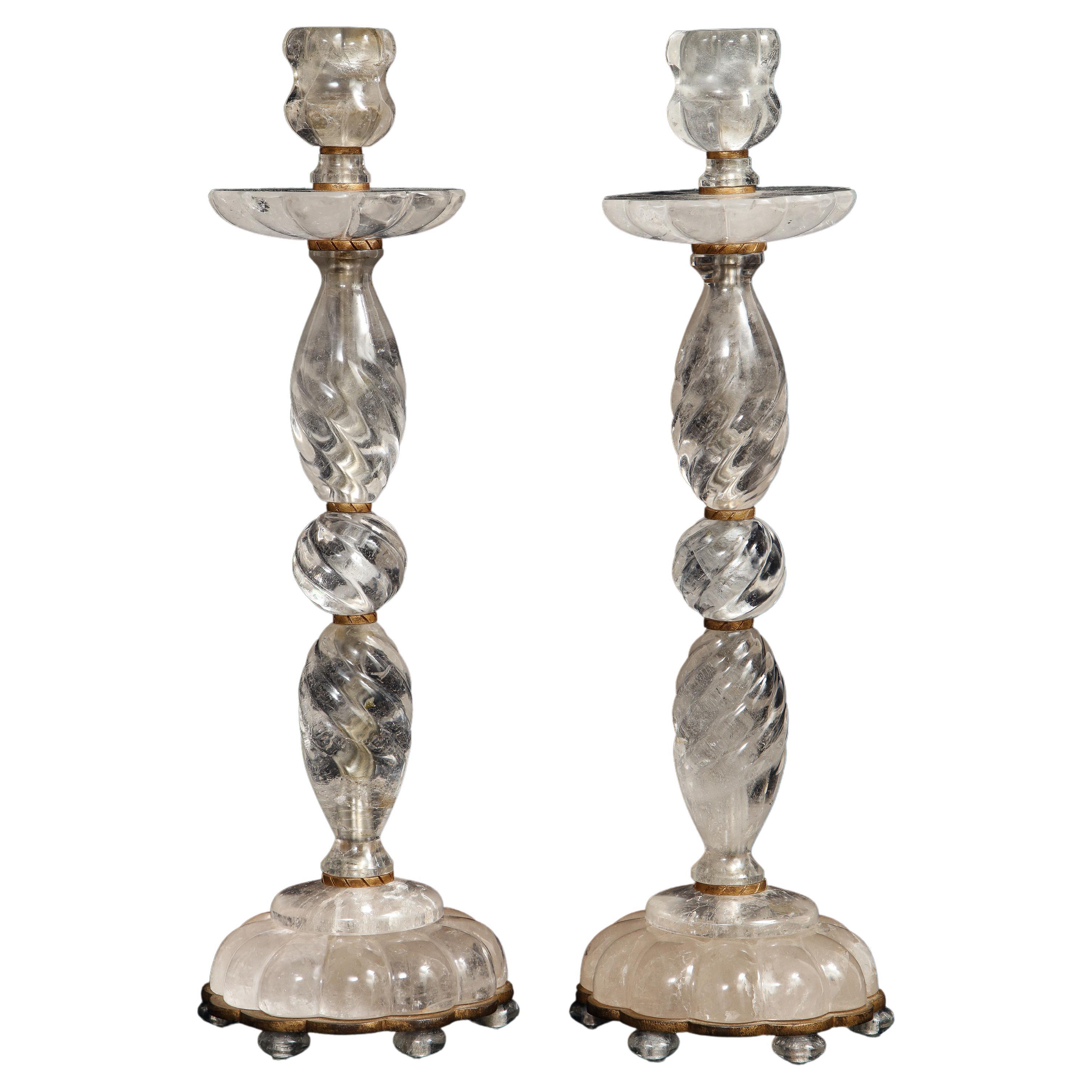 Pair of French Mid-Century Bronze Mounted Hand-Carved Rock Crystal Candlesticks For Sale