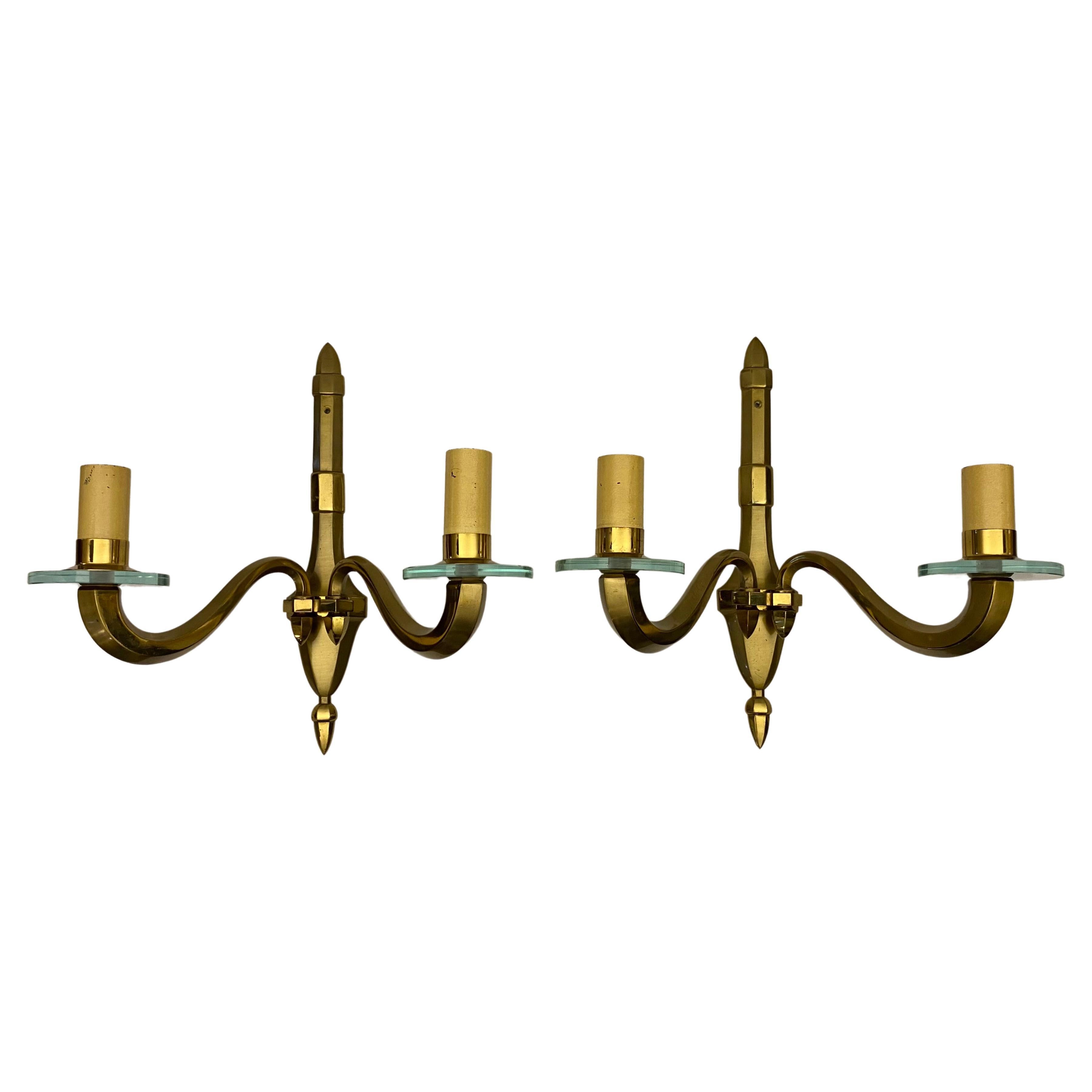 Jean Perzel Style Pair of French Mid-Century Bronze Wall Sconces