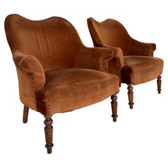 Pair of French Mid Century Brown Velvet Swivel Armchairs with Wood Legs