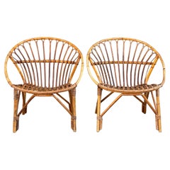 Pair of French Mid Century Circular Frame Bamboo Lounge Chairs