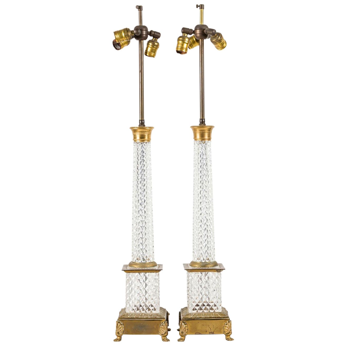 Pair of French Mid-Century Diamond-Cut Crystal Column Table Lamps