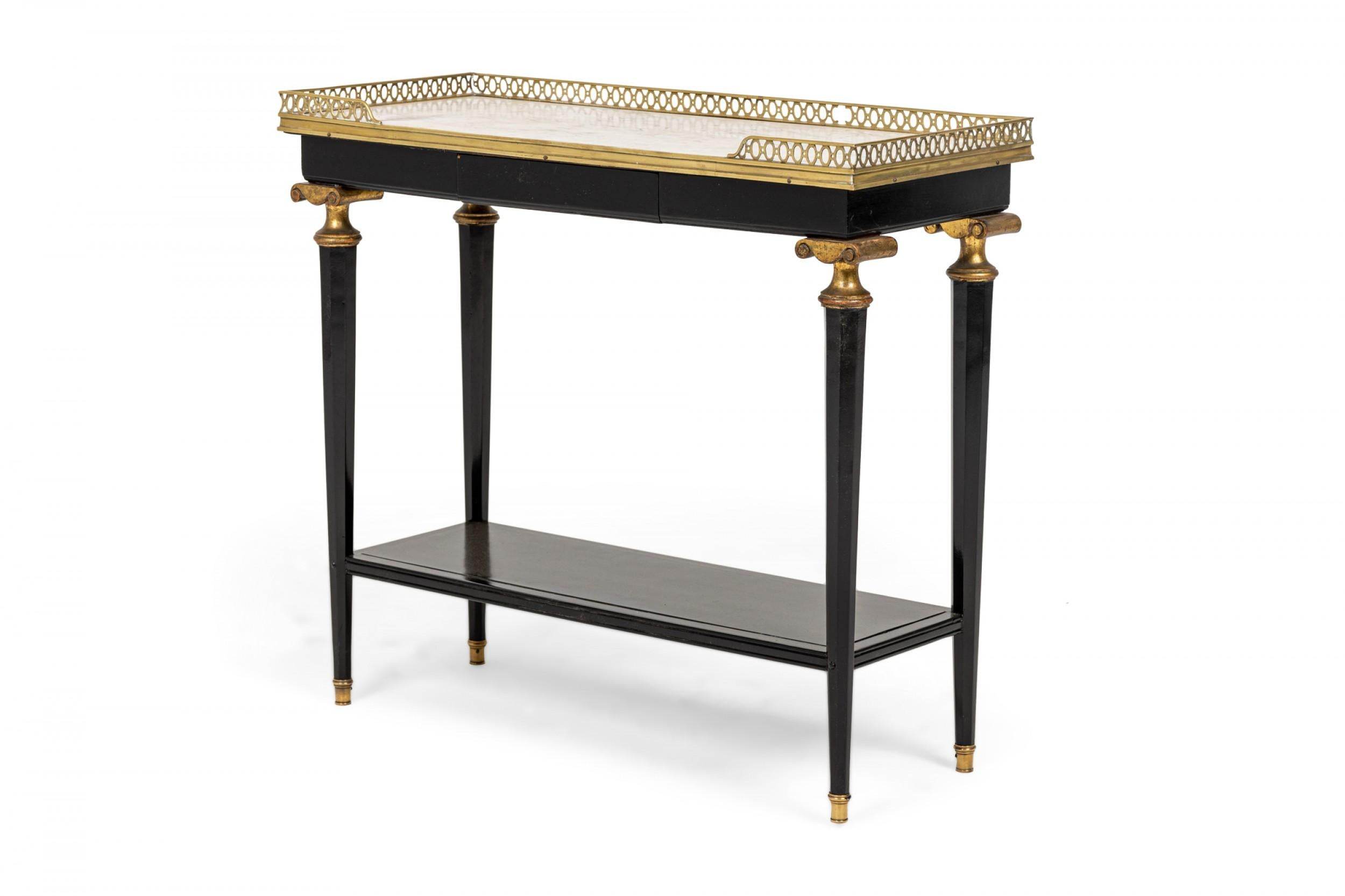 Mid-Century Modern Pair of French Mid-Century Ebonized Brass and White Marble End Tables For Sale