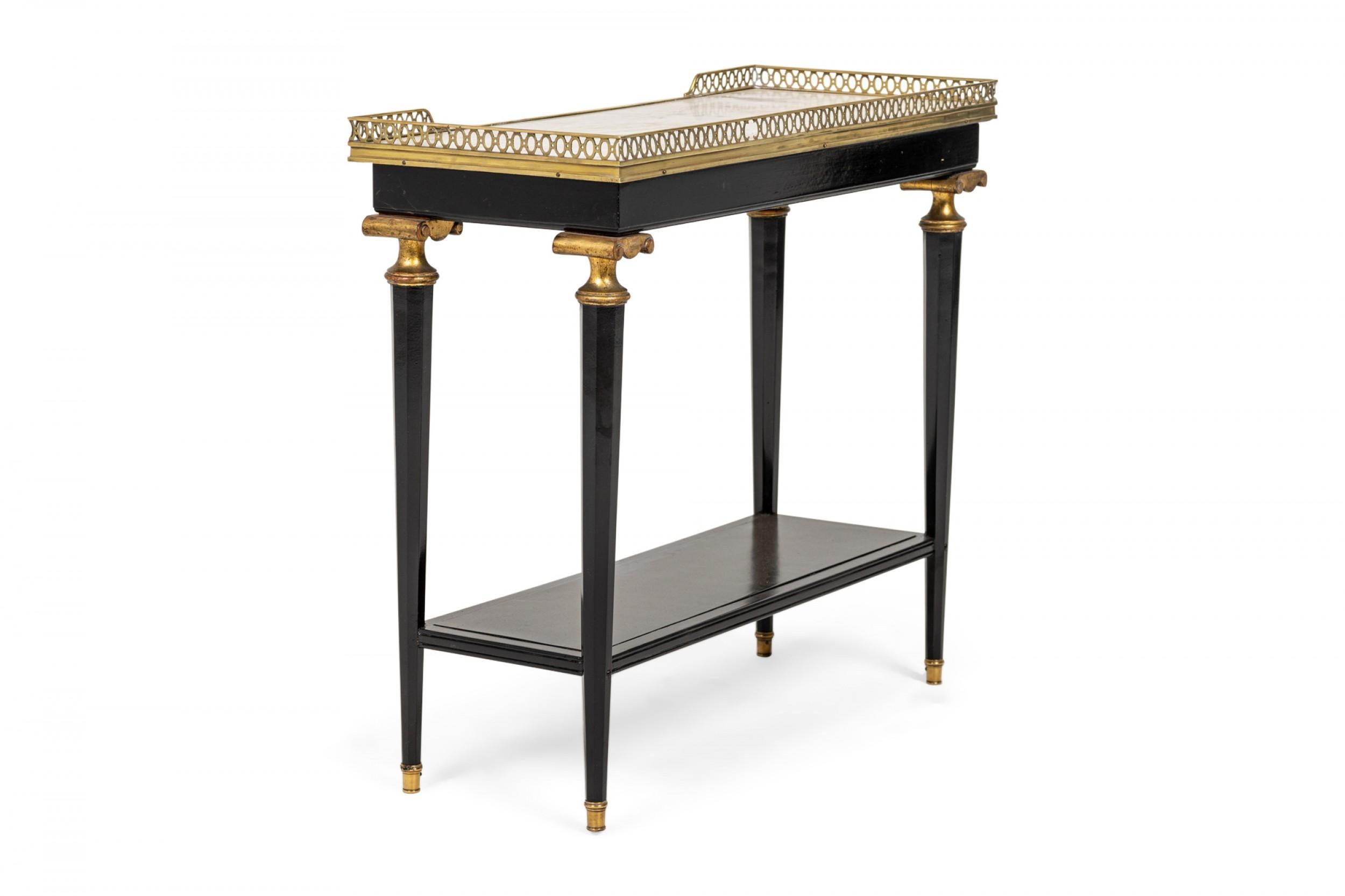 20th Century Pair of French Mid-Century Ebonized Brass and White Marble End Tables For Sale