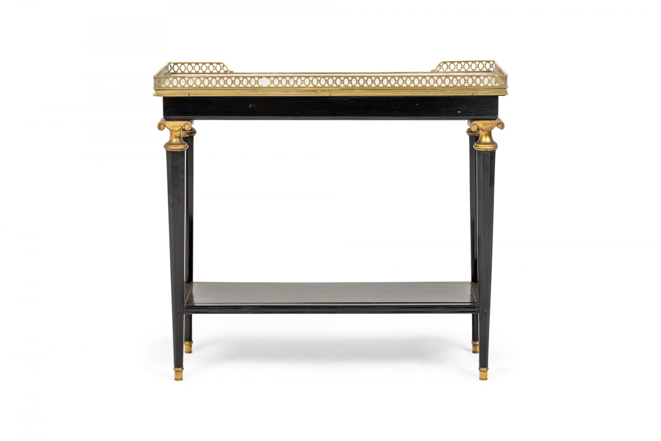 Wood Pair of French Mid-Century Ebonized Brass and White Marble End Tables For Sale