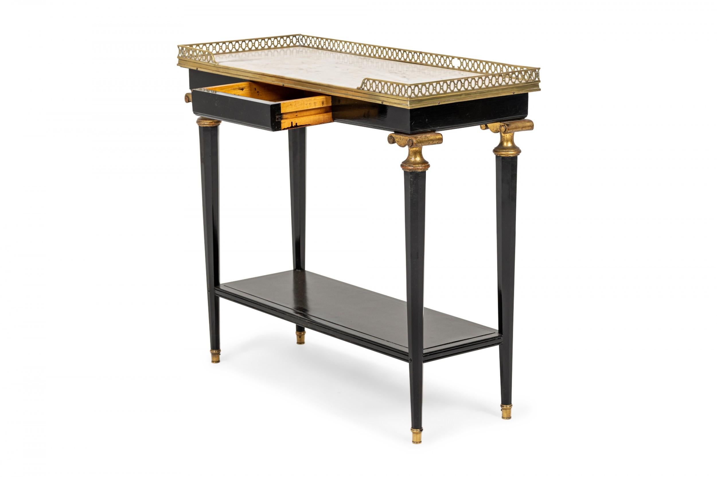 Pair of French Mid-Century Ebonized Brass and White Marble End Tables For Sale 1