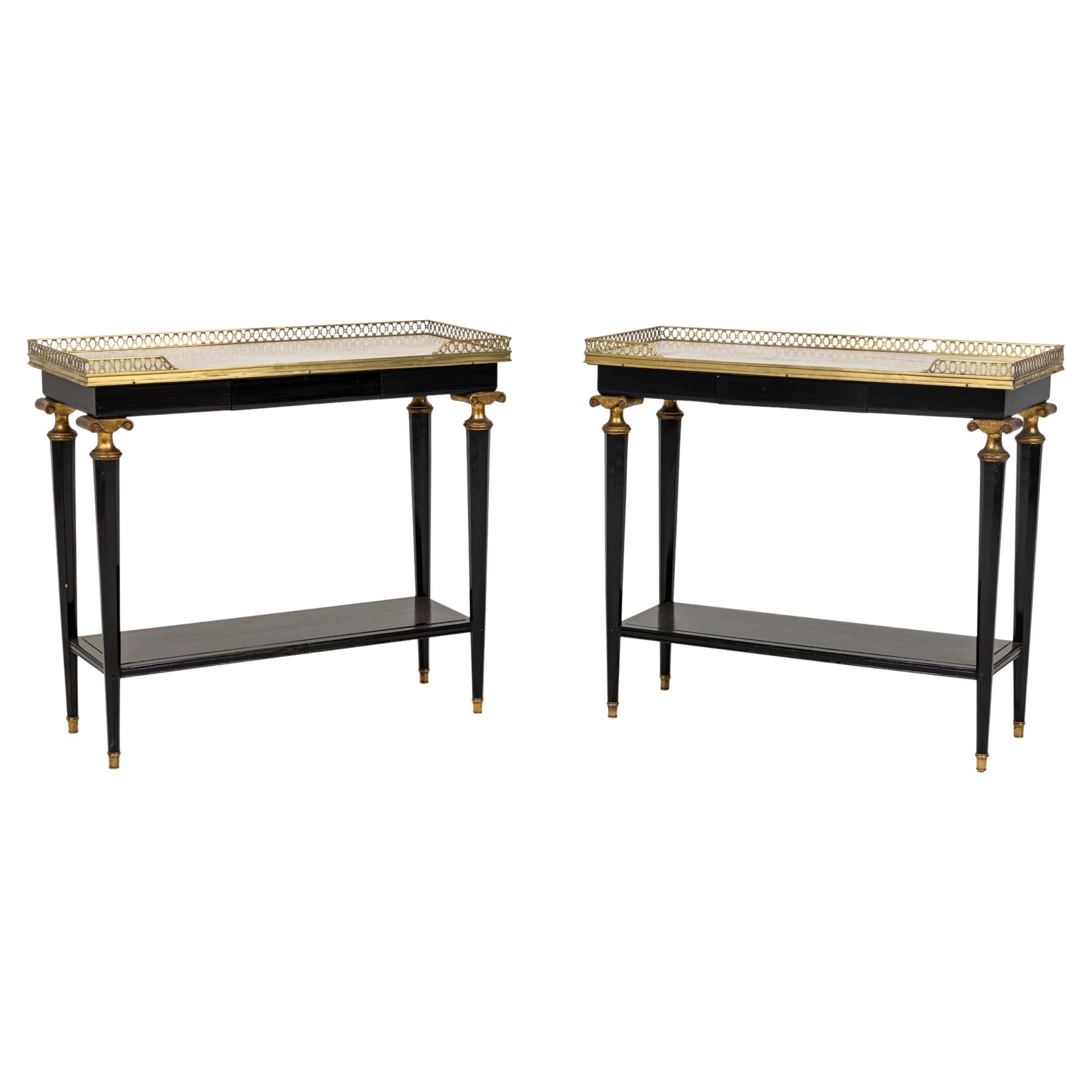 Pair of French Mid-Century Ebonized Brass and White Marble End Tables