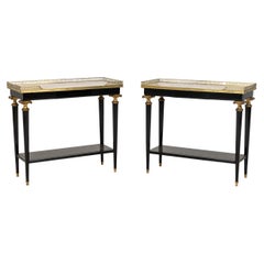 Pair of French Mid-Century Ebonized Brass and White Marble End Tables